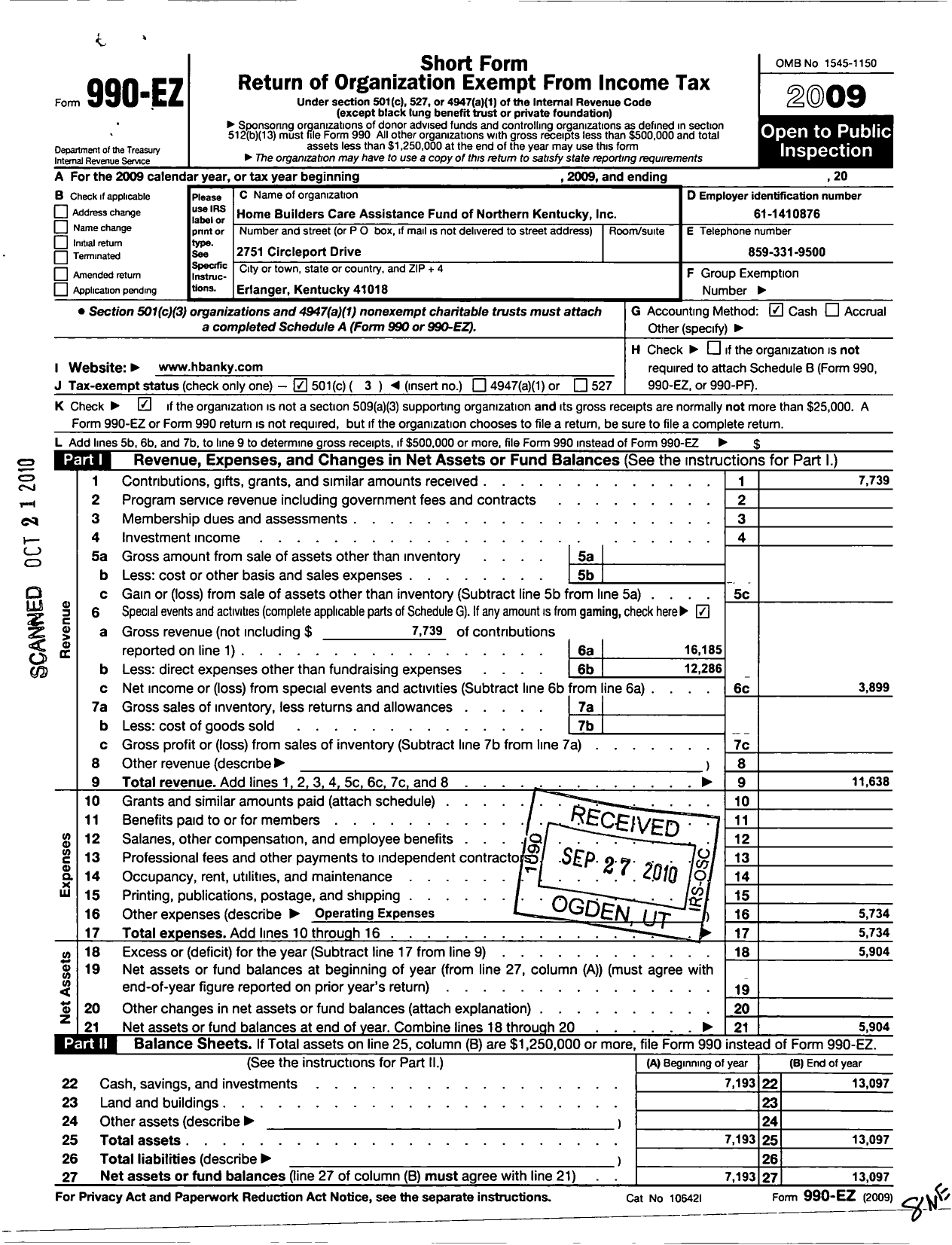 Image of first page of 2009 Form 990EZ for Home Builders Care Assistance Fund of Northern Kentucky