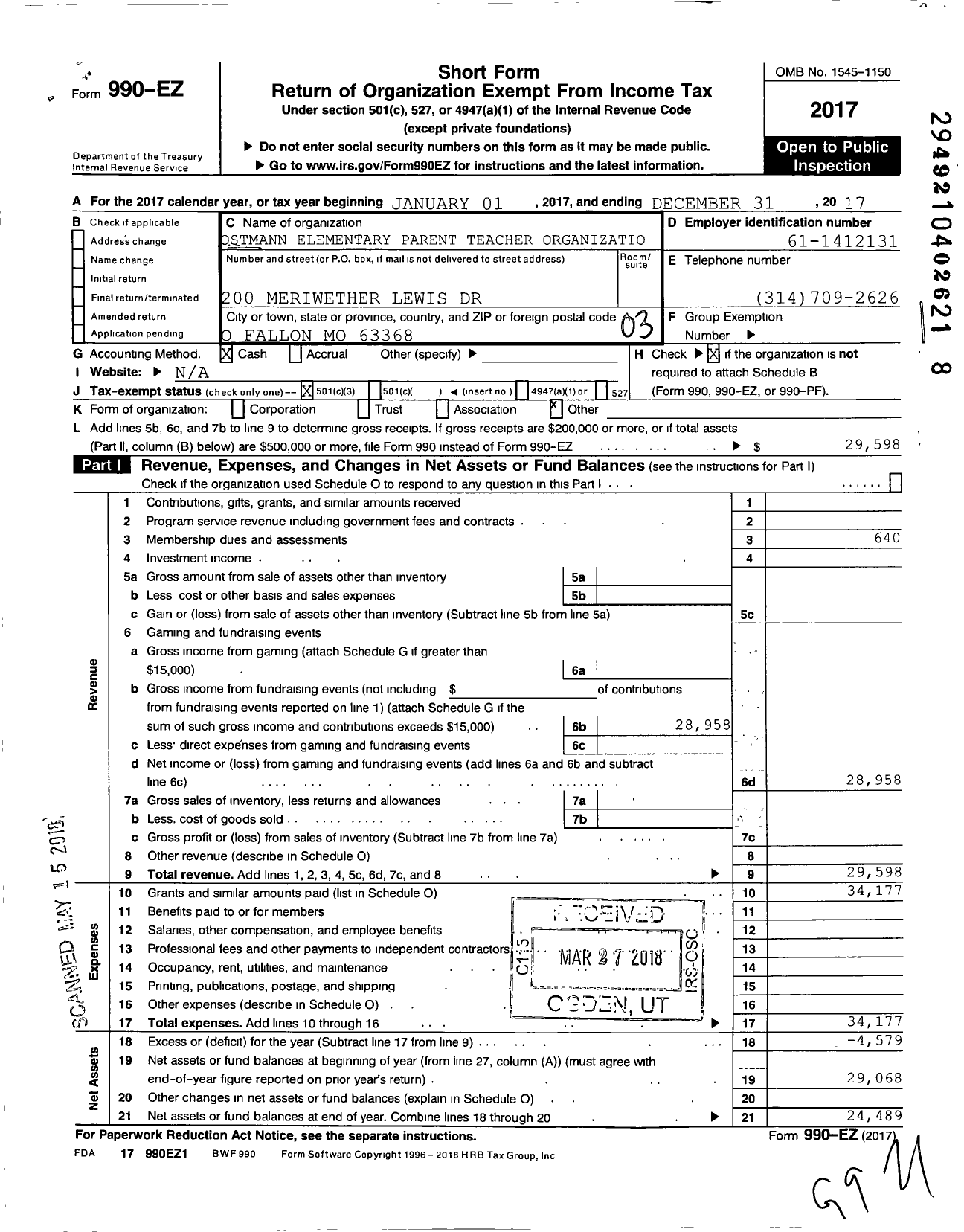 Image of first page of 2017 Form 990EZ for Ostmann Elementary Parent Teacher Organization Pto