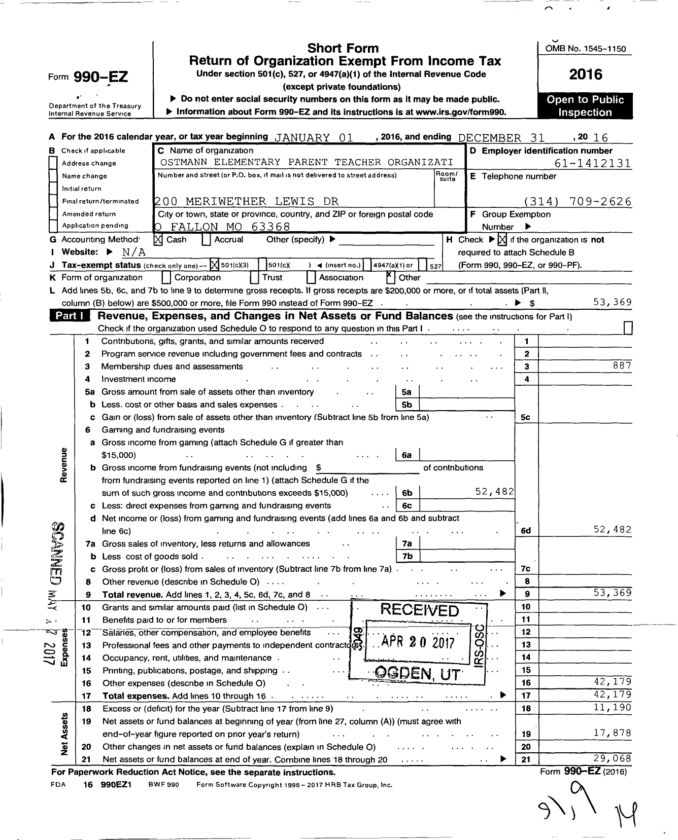 Image of first page of 2016 Form 990EZ for Ostmann Elementary Parent Teacher Organization Pto