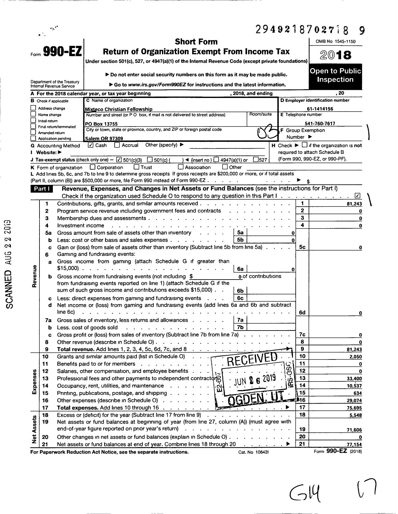 Image of first page of 2018 Form 990EZ for Mixteca Christian Fellowship