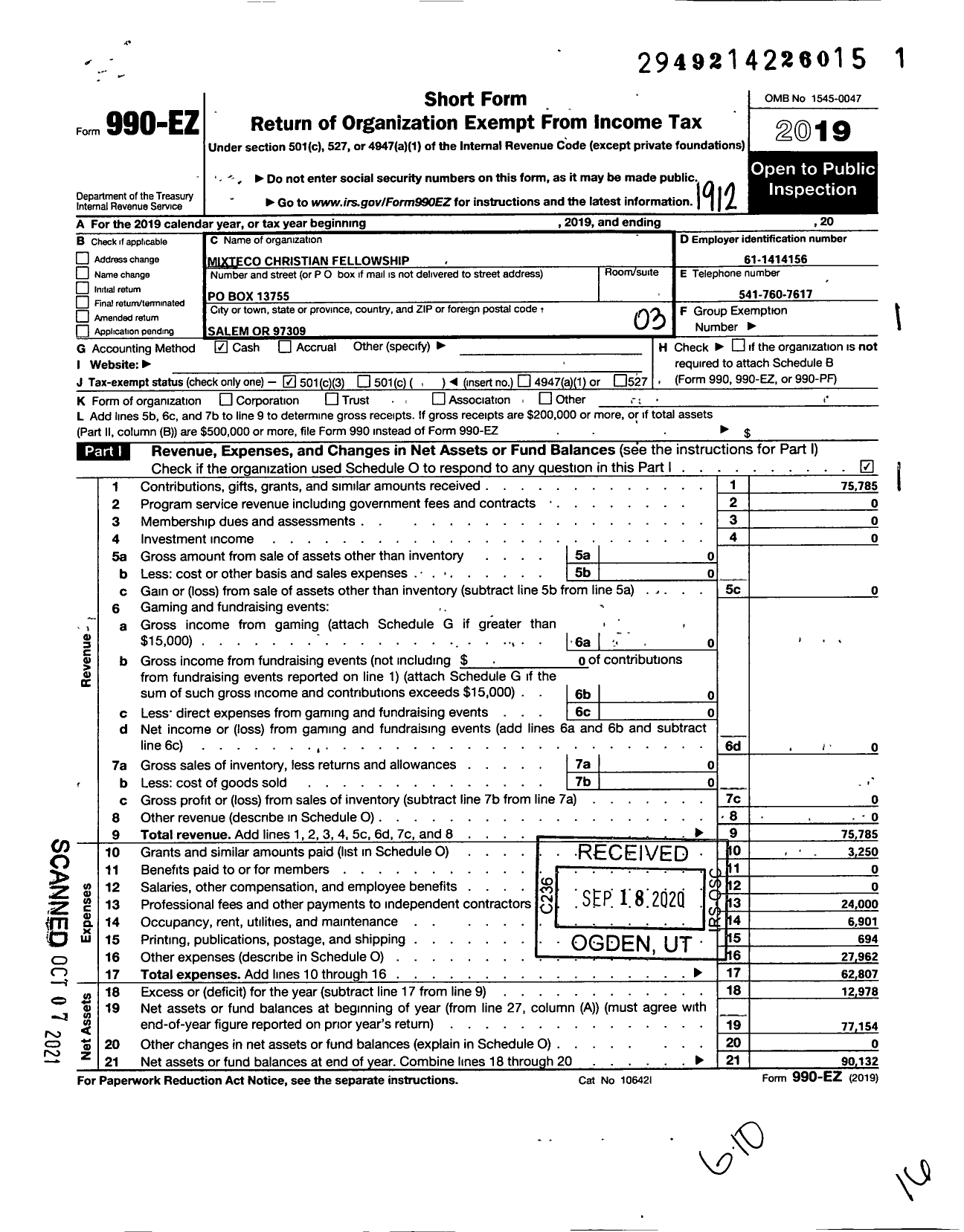 Image of first page of 2019 Form 990EZ for Mixteca Christian Fellowship