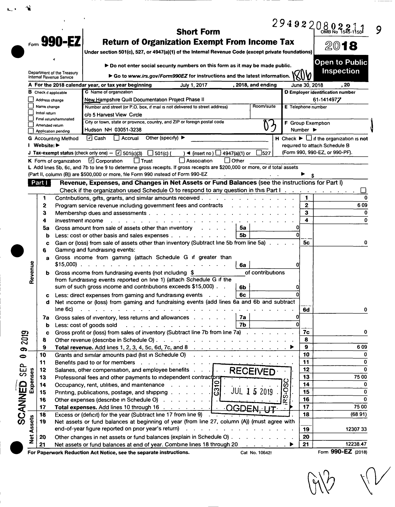 Image of first page of 2017 Form 990EZ for New Hampshire Quilt Documentation Project Phase Ii