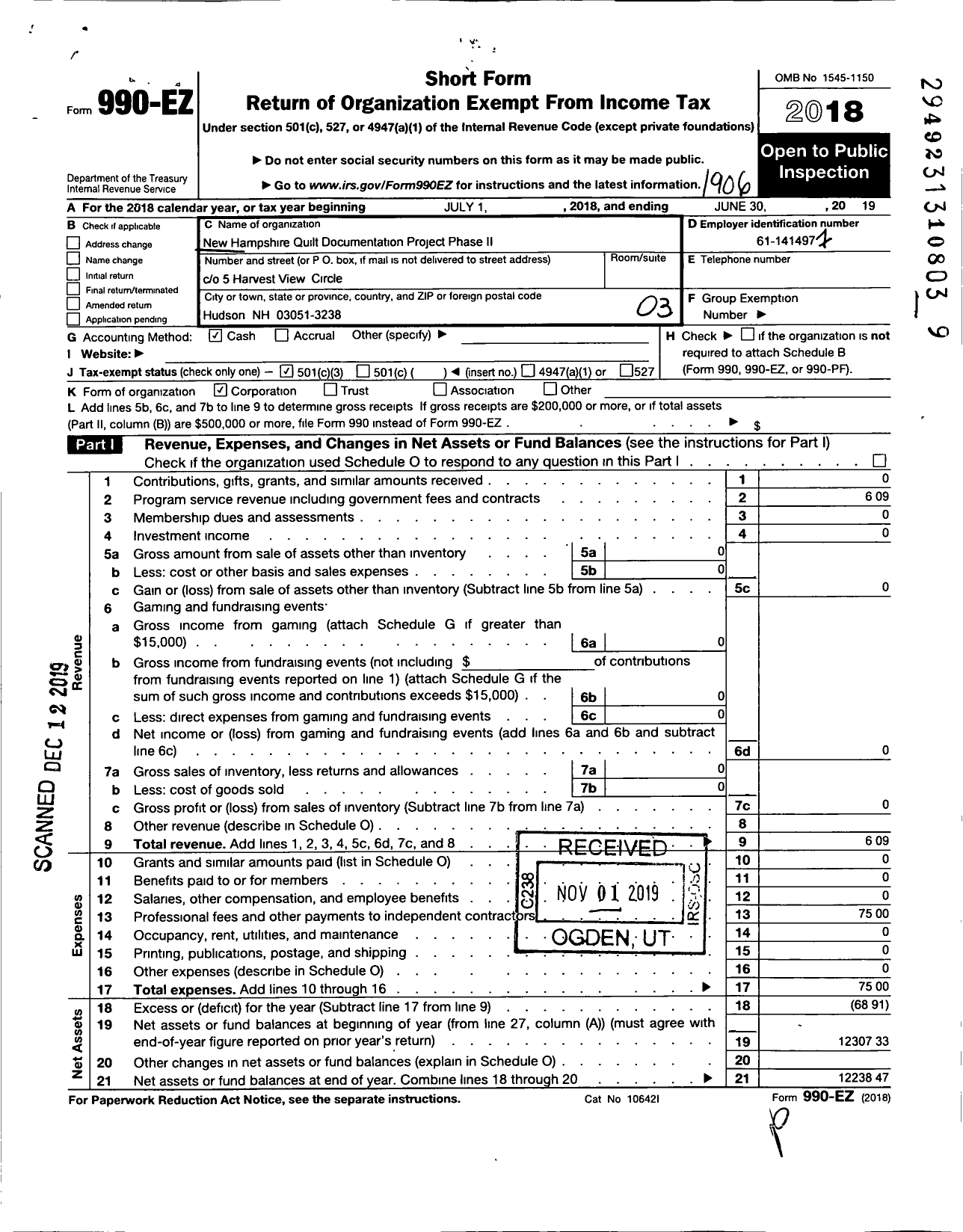 Image of first page of 2018 Form 990EZ for New Hampshire Quilt Documentation Project Phase Ii