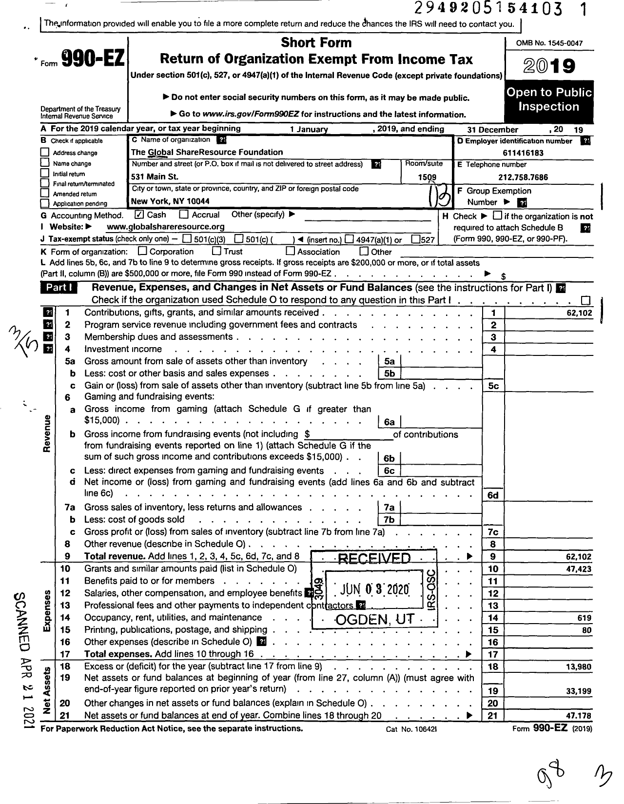 Image of first page of 2019 Form 990EZ for Global Shareresource Foundation