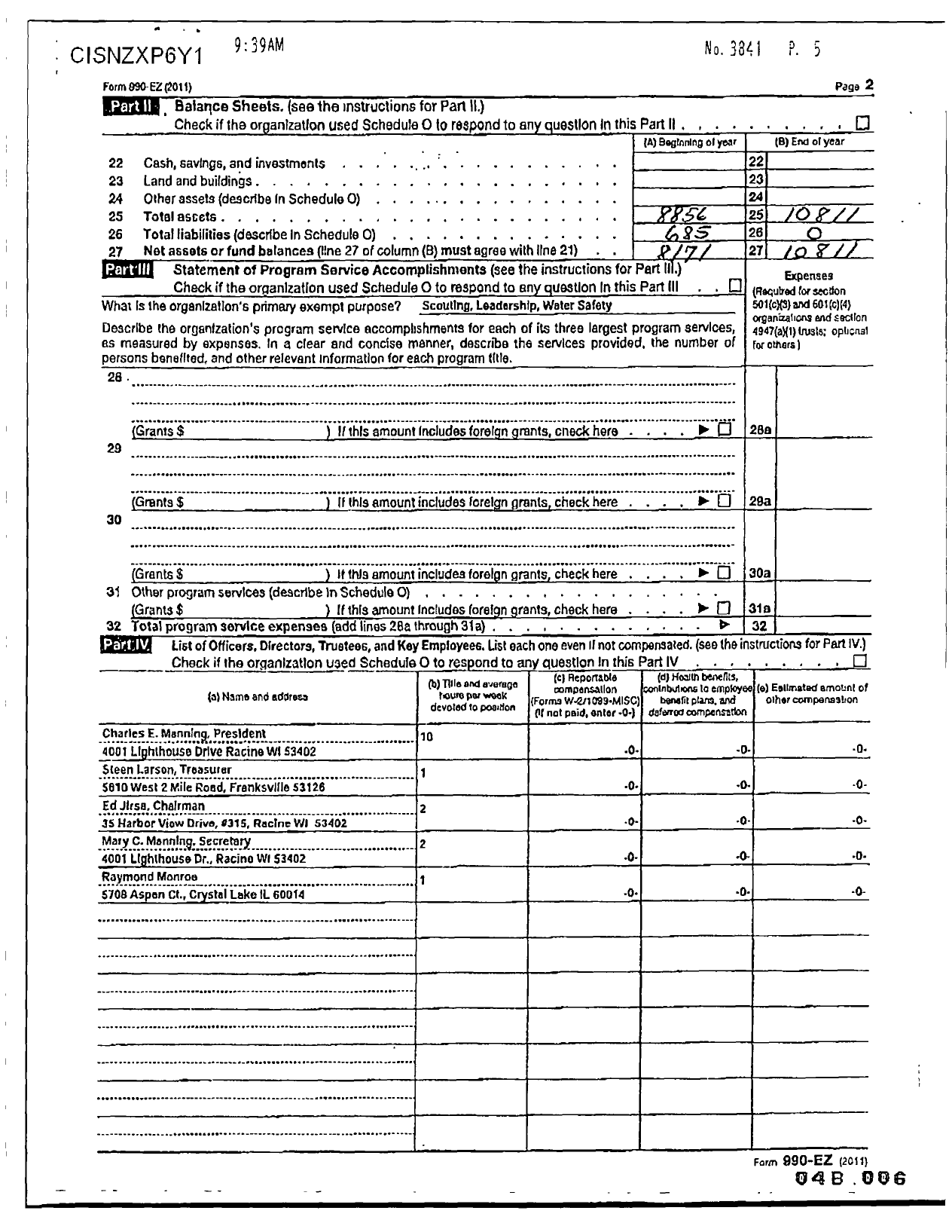 Image of first page of 2010 Form 990ER for Sea Scout Ship 5750 Boy Scouts