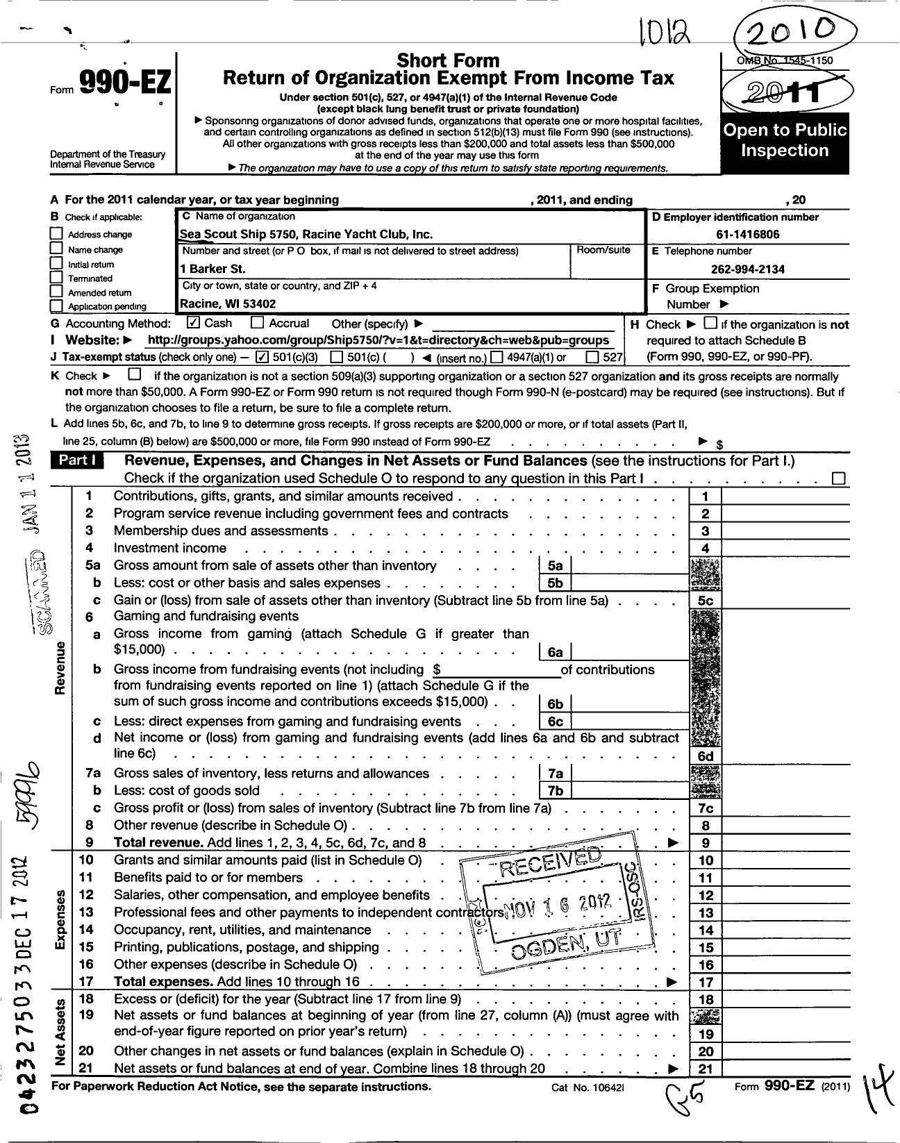 Image of first page of 2011 Form 990EZ for Sea Scout Ship 5750 Boy Scouts