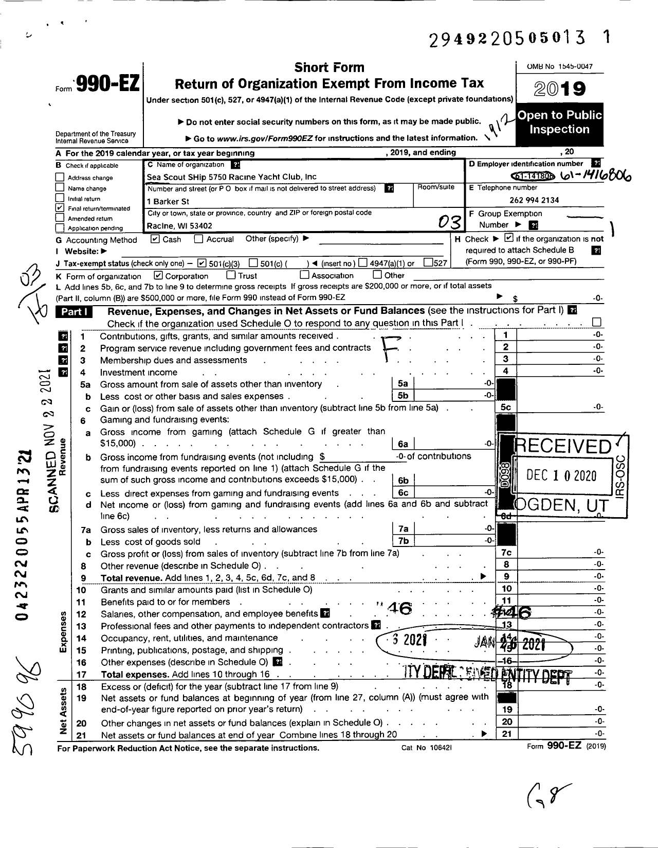 Image of first page of 2019 Form 990EZ for Sea Scout Ship 5750 Boy Scouts