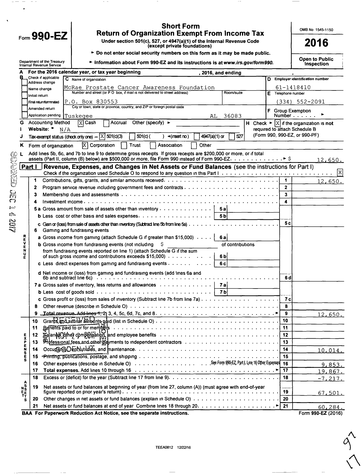 Image of first page of 2016 Form 990EZ for McRae Prostate Cancer Awareness Foundation