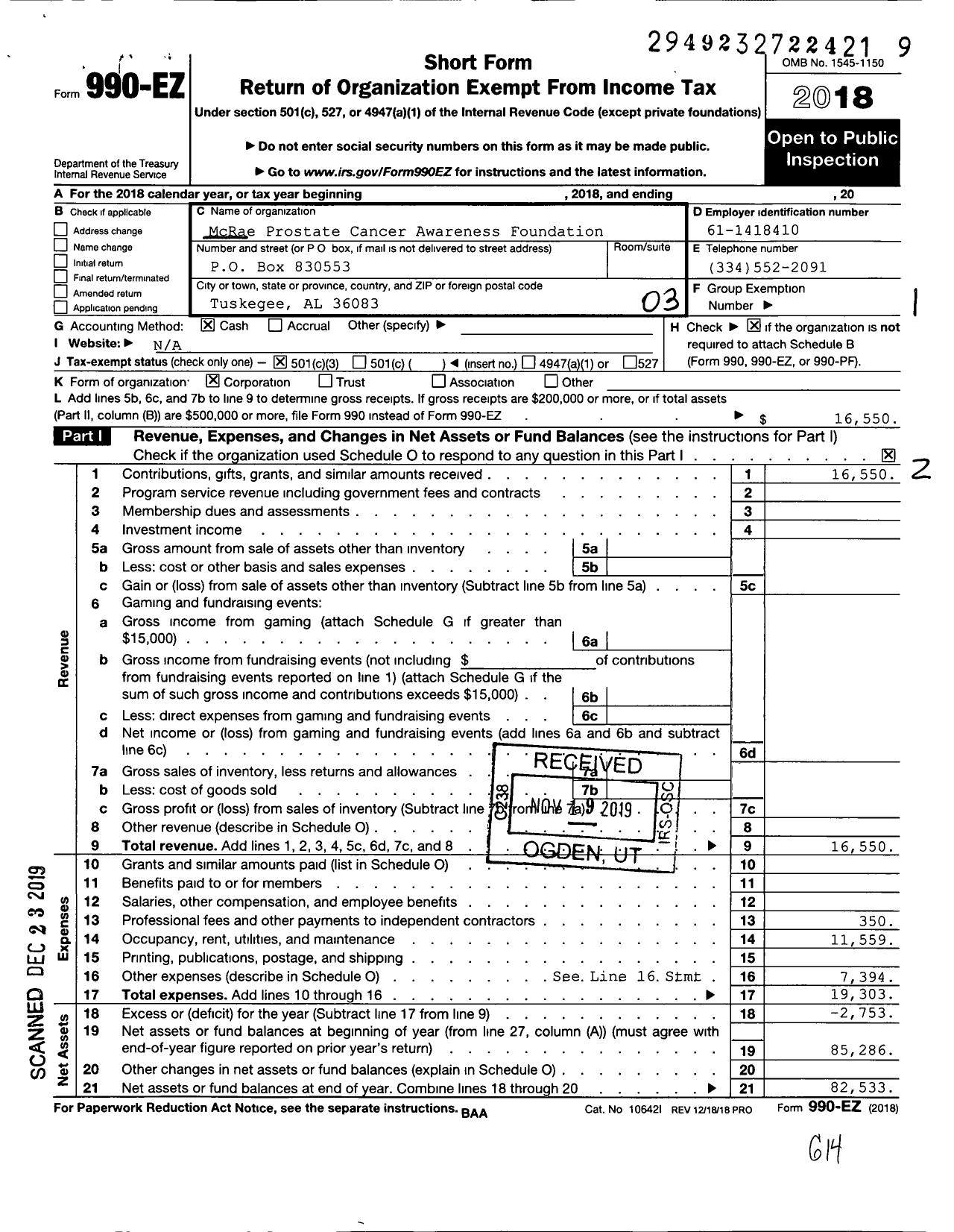 Image of first page of 2018 Form 990EZ for McRae Prostate Cancer Awareness Foundation