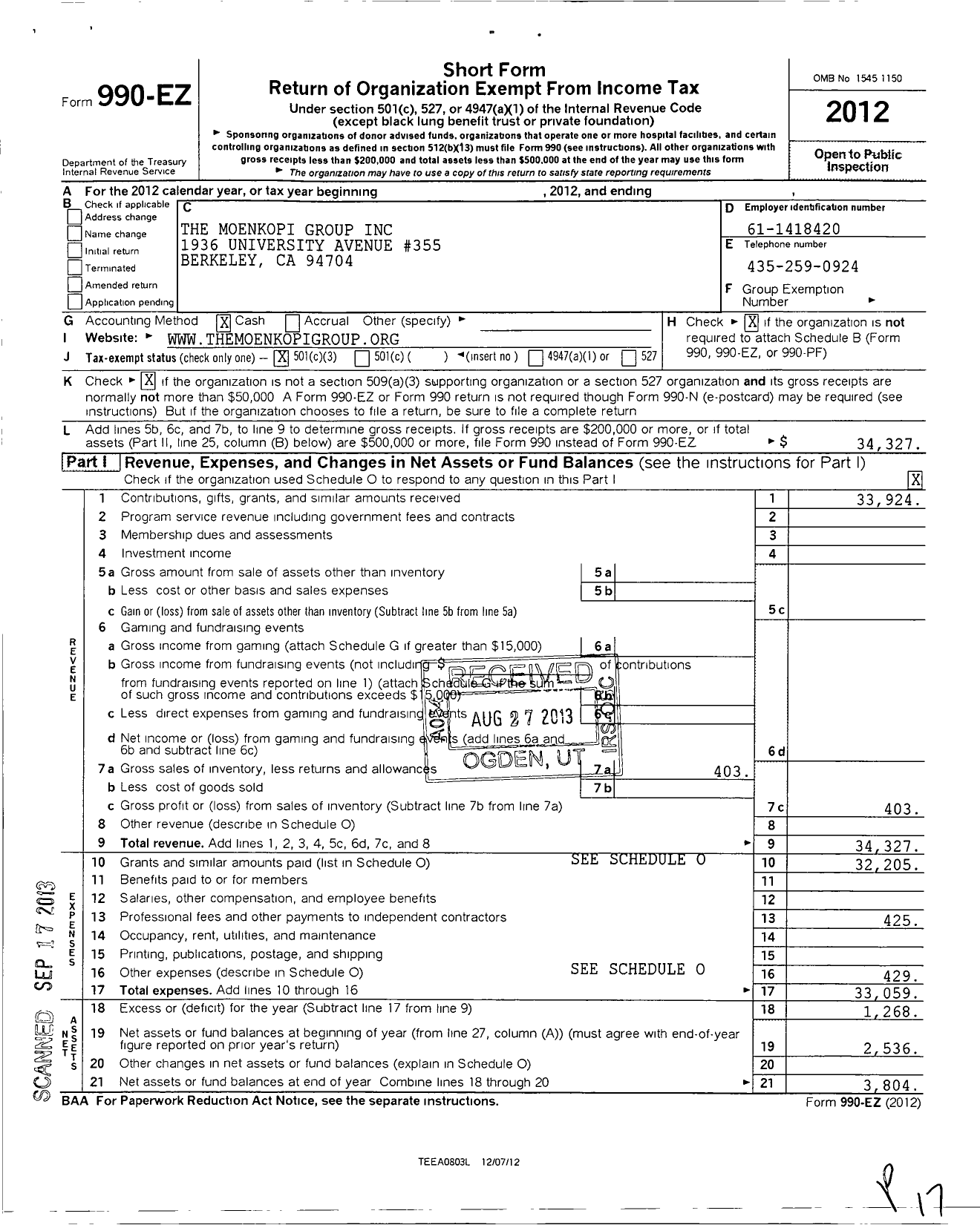 Image of first page of 2012 Form 990EZ for Moenkopi Group