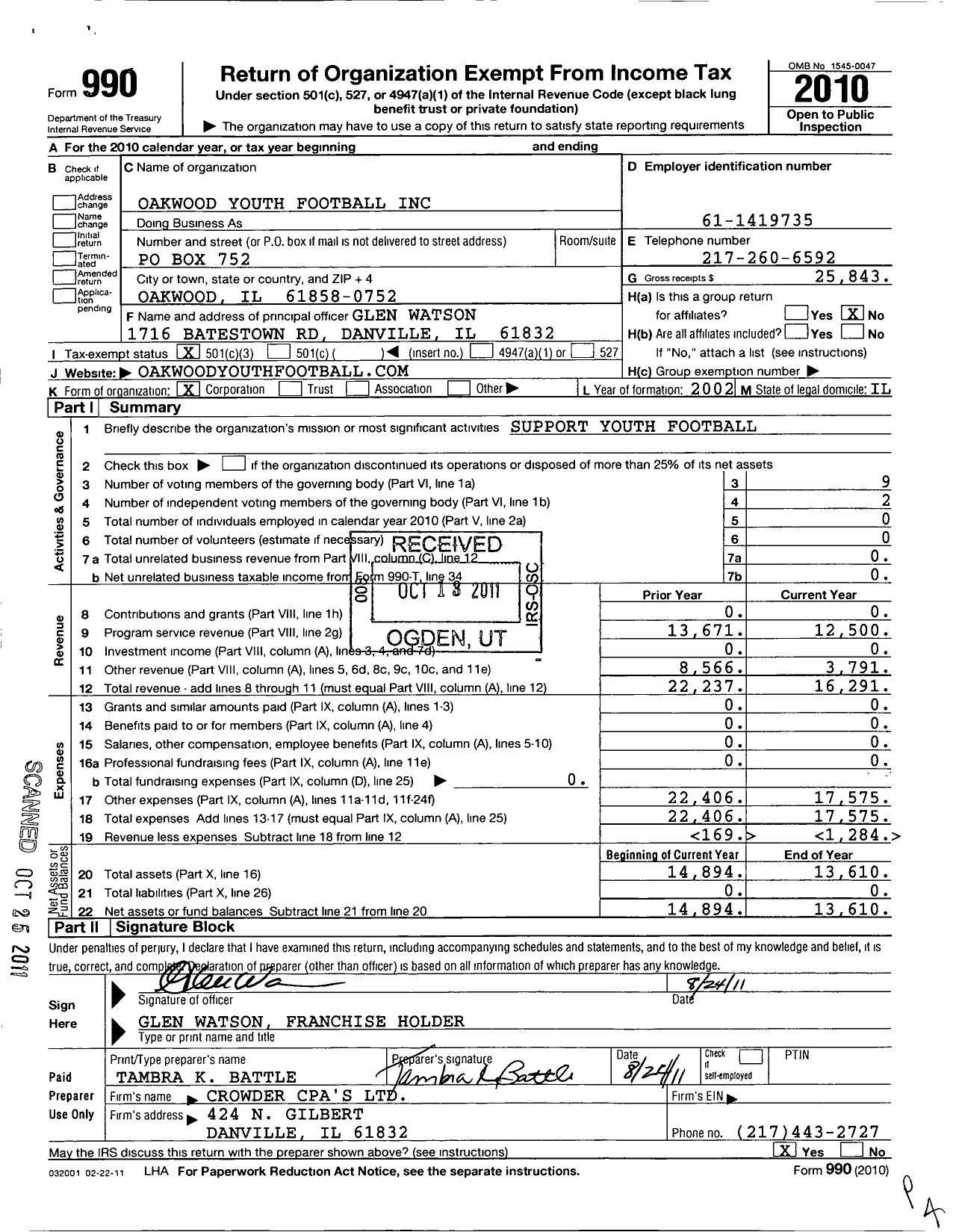 Image of first page of 2010 Form 990 for Oakwood Youth Football