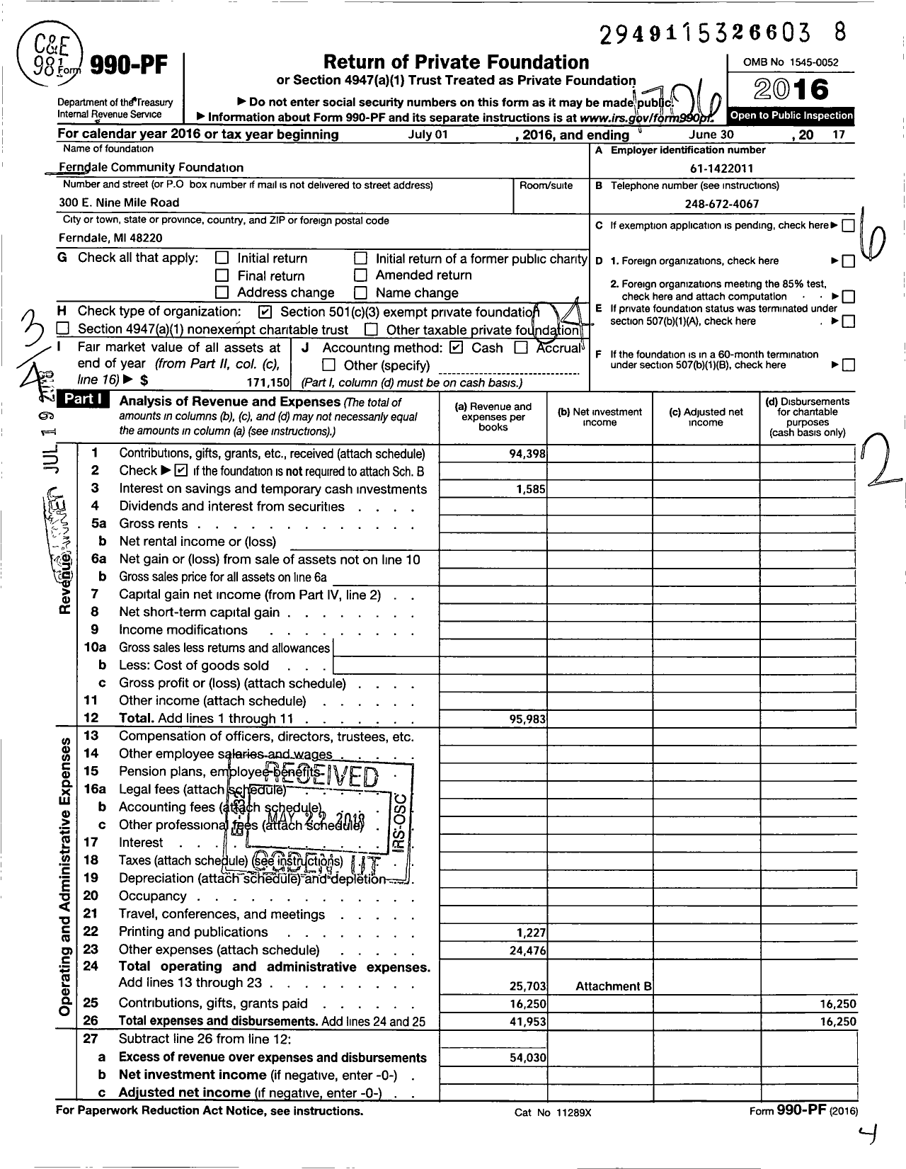 Image of first page of 2016 Form 990PF for Ferndale Community Foundation