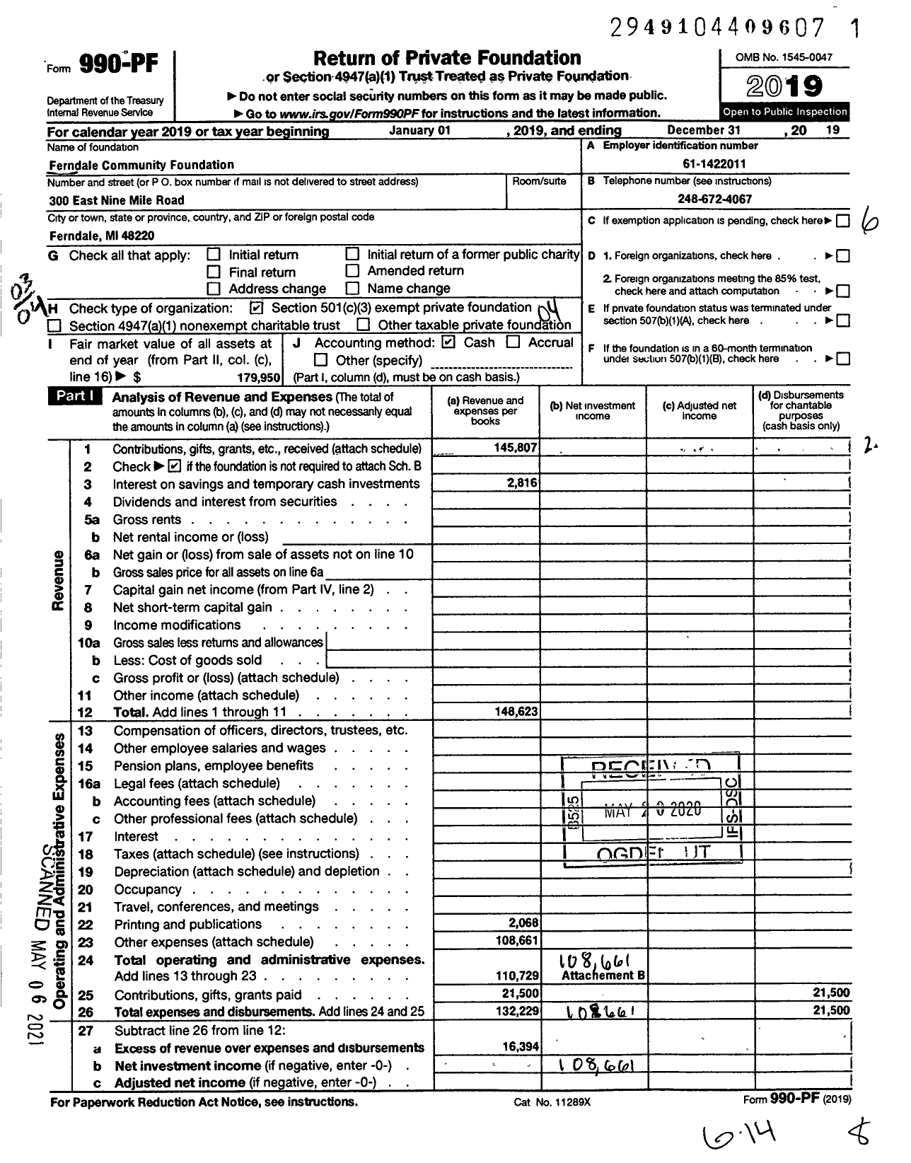 Image of first page of 2019 Form 990PF for Ferndale Community Foundation