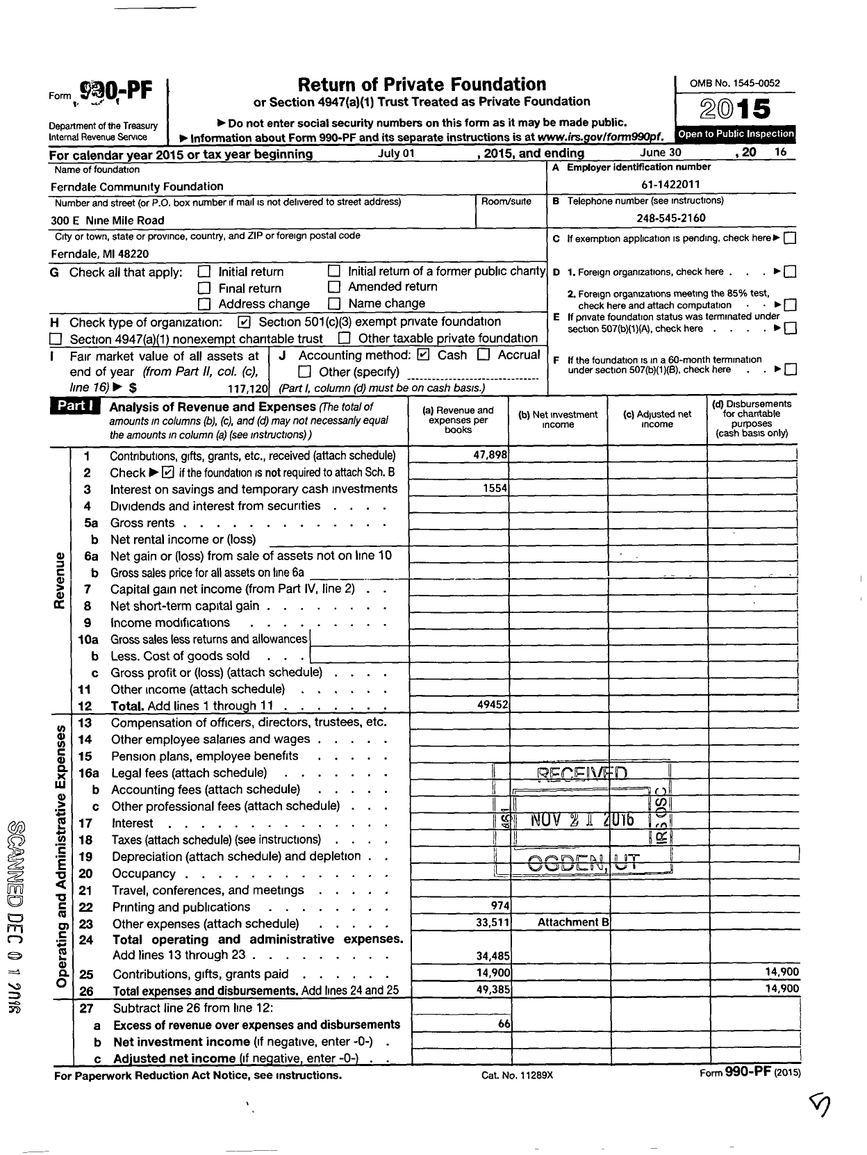 Image of first page of 2015 Form 990PF for Ferndale Community Foundation