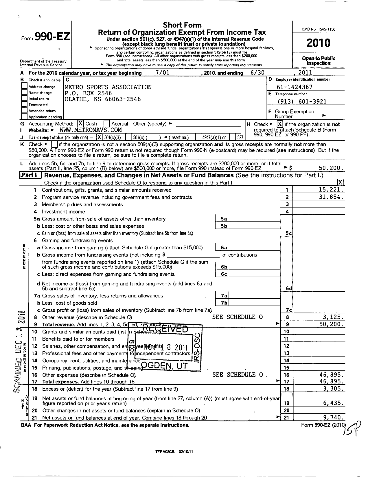 Image of first page of 2010 Form 990EZ for Metro Sports Association