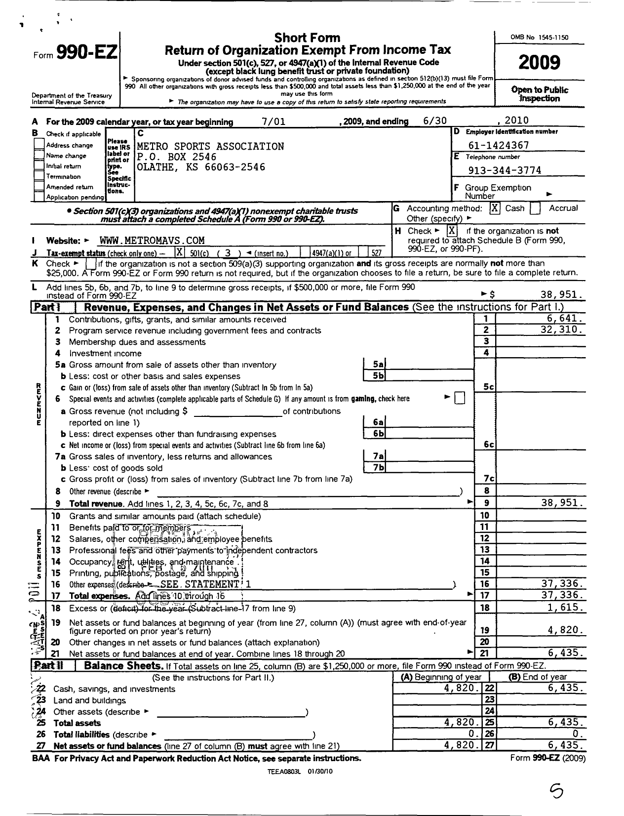 Image of first page of 2009 Form 990EZ for Metro Sports Association