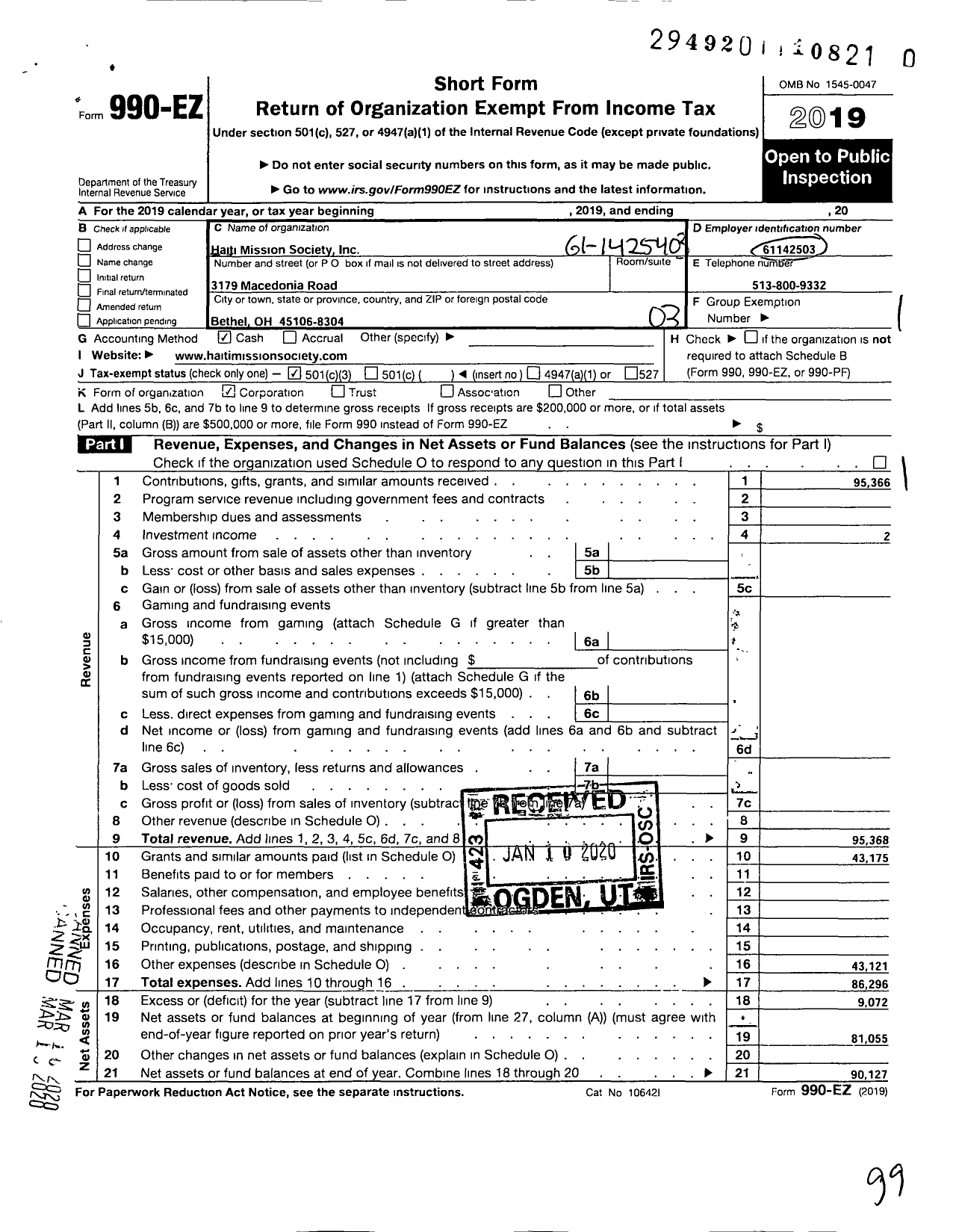 Image of first page of 2019 Form 990EZ for Haiti Mission Society