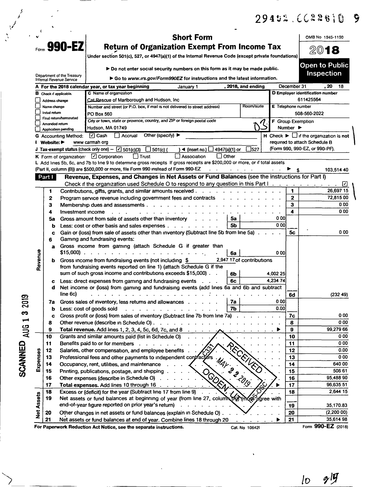 Image of first page of 2018 Form 990EZ for Cat Rescue of Marlborough and Hudson