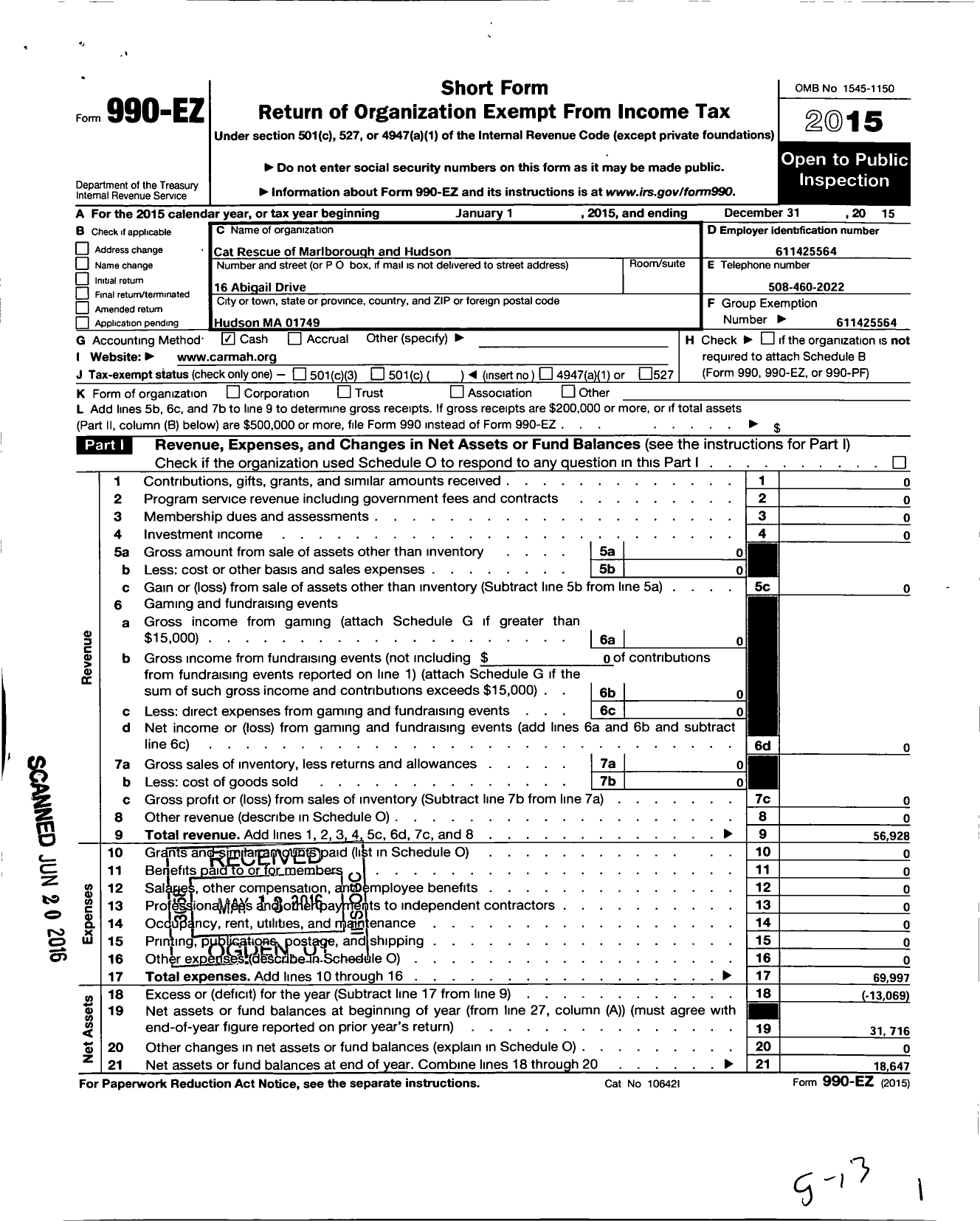 Image of first page of 2015 Form 990EO for Cat Rescue of Marlborough and Hudson