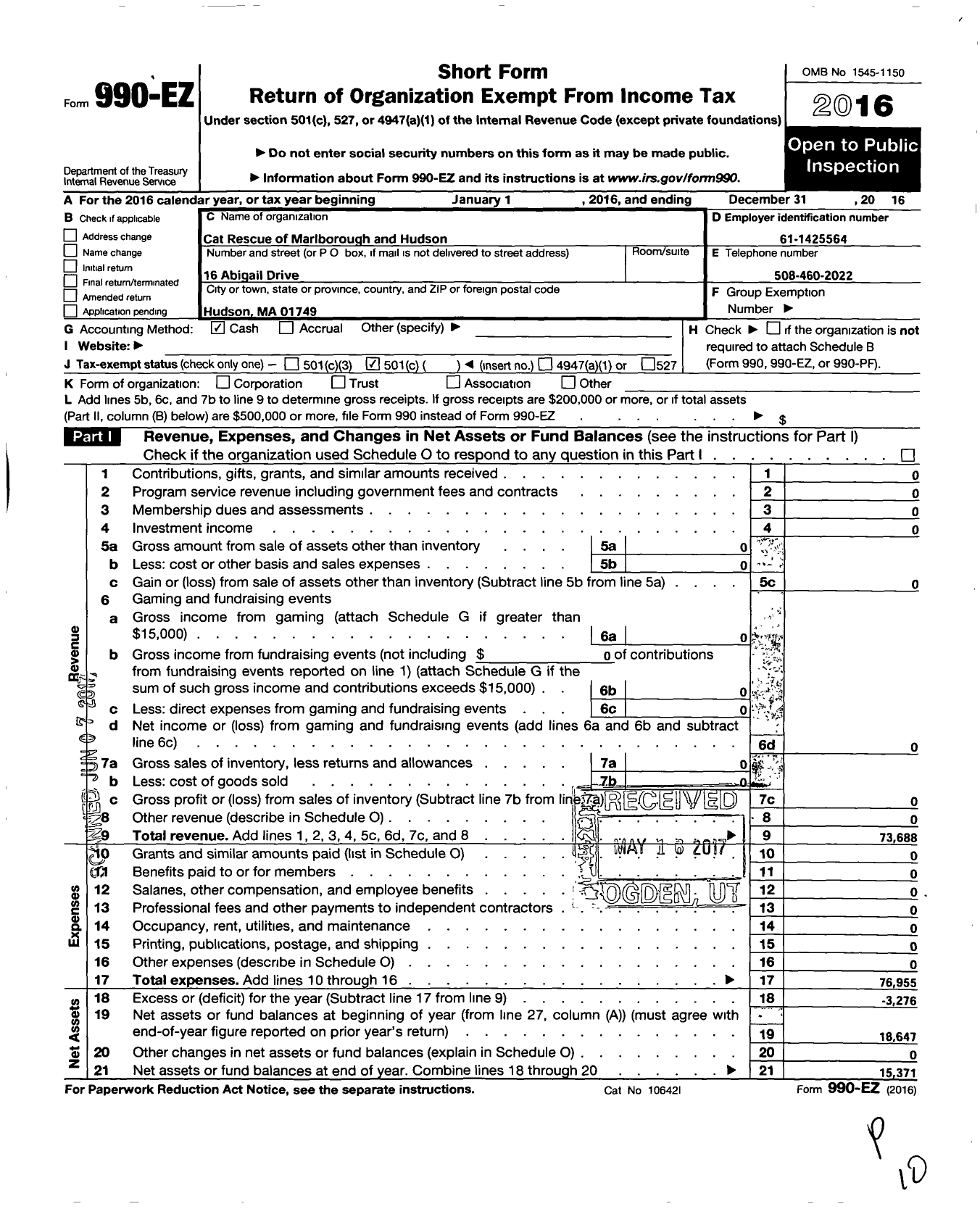 Image of first page of 2016 Form 990EO for Cat Rescue of Marlborough and Hudson