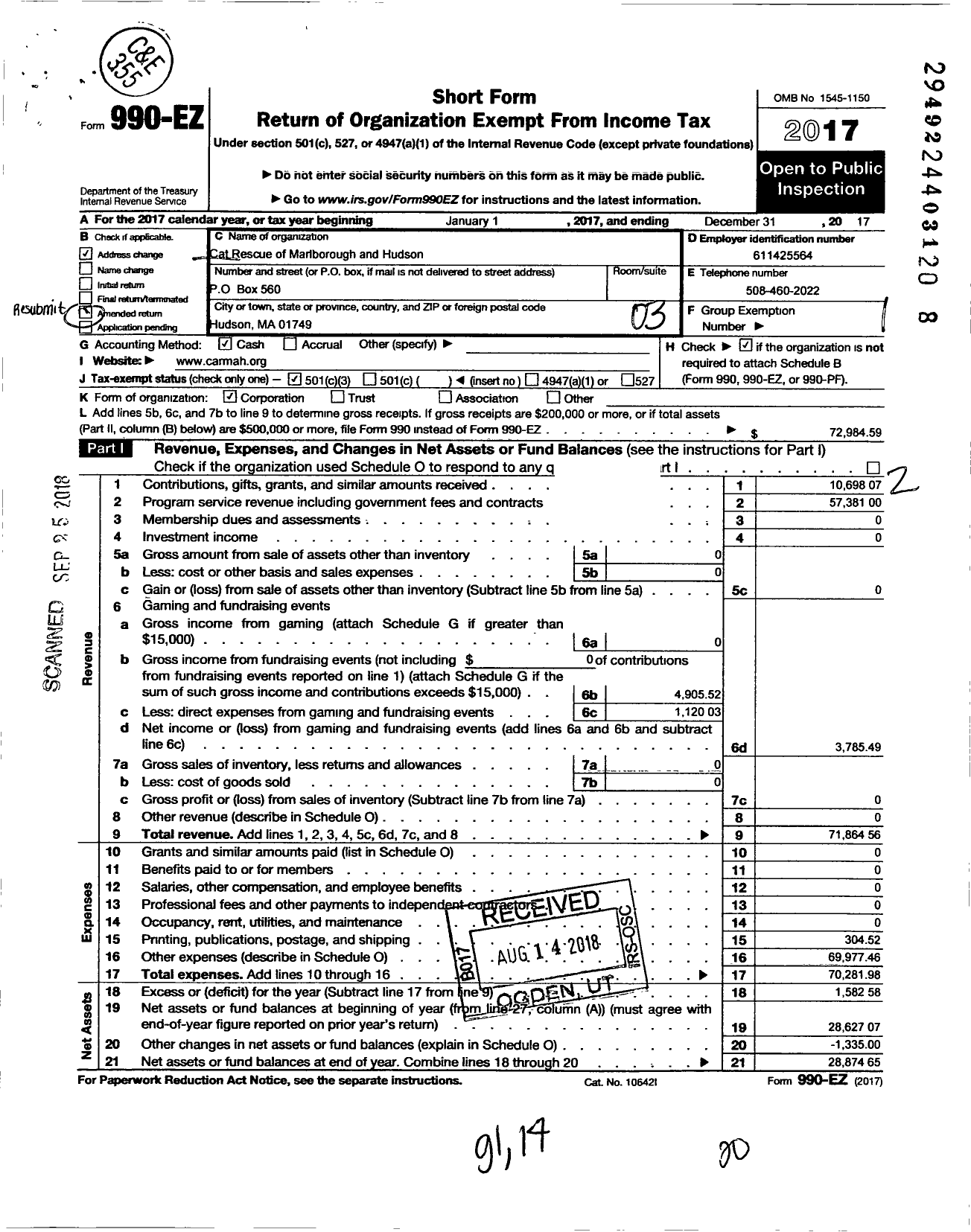 Image of first page of 2017 Form 990EZ for Cat Rescue of Marlborough and Hudson