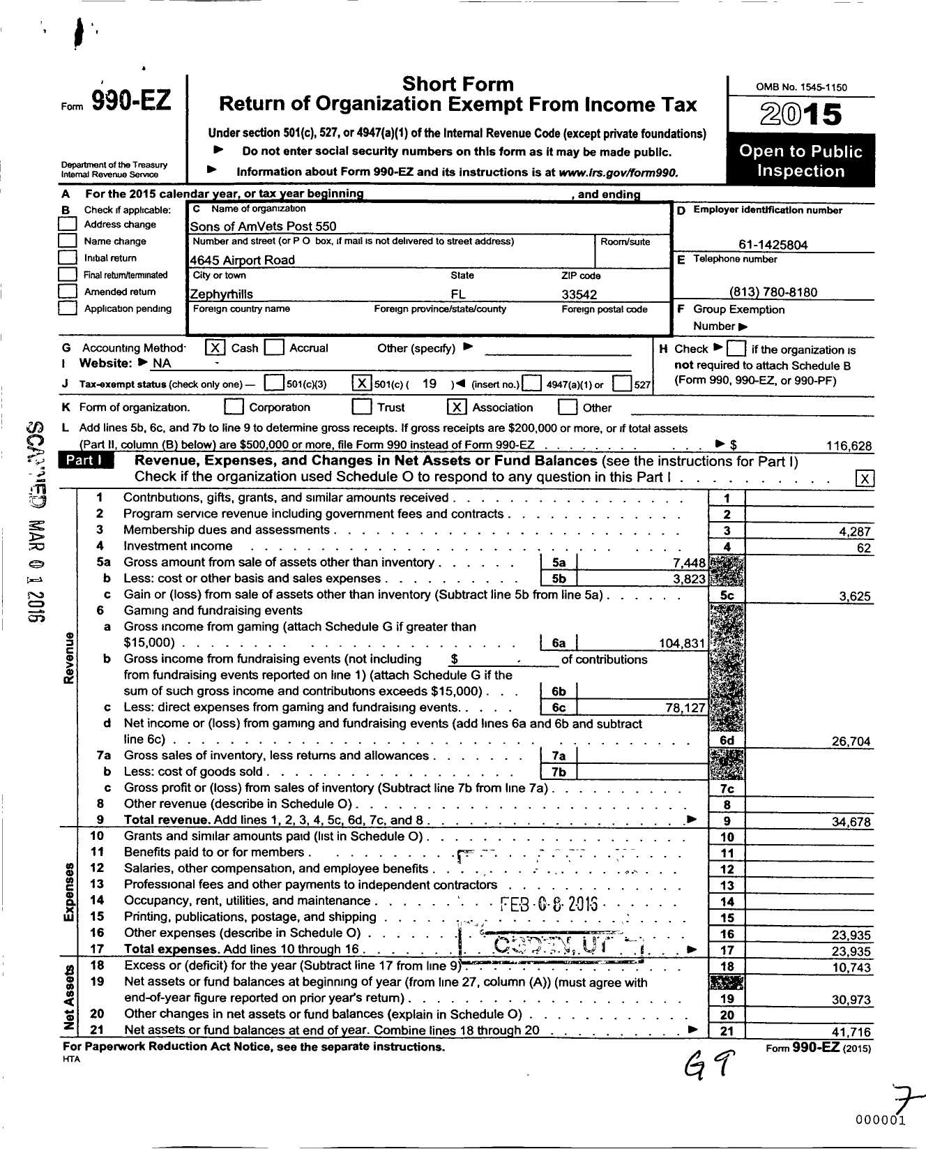 Image of first page of 2015 Form 990EO for Sons of AmVets Post 550