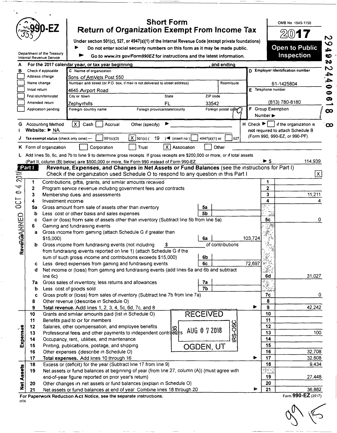 Image of first page of 2017 Form 990EO for Sons of AmVets Post 550