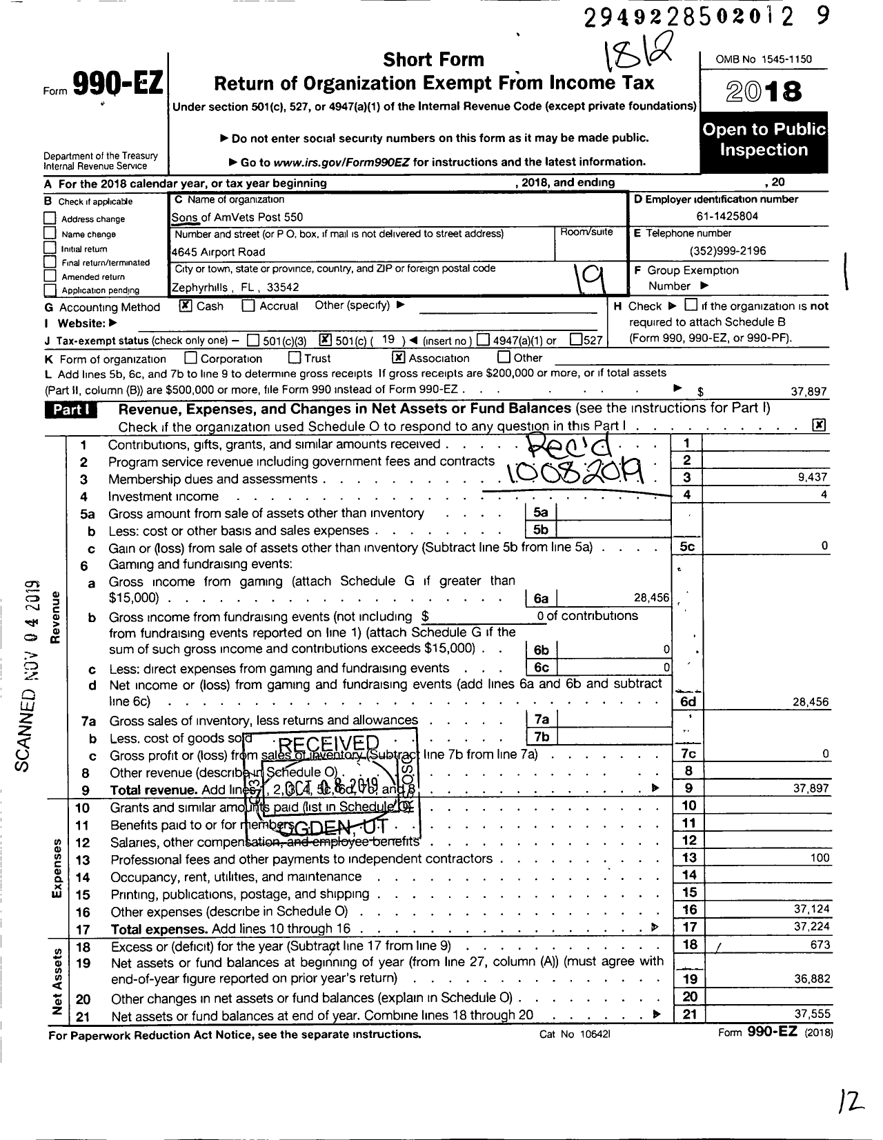 Image of first page of 2018 Form 990EO for Sons of AmVets Post 550