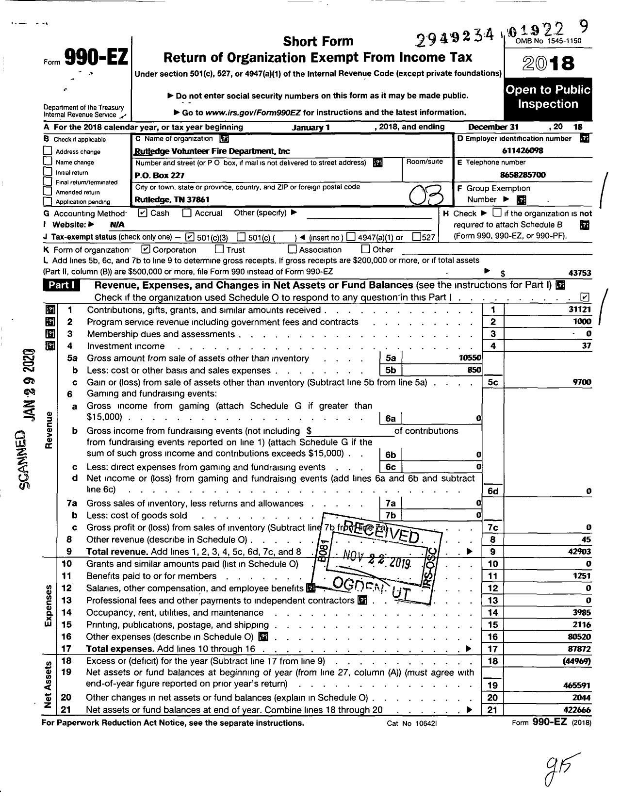 Image of first page of 2018 Form 990EZ for Rutledge Volunteer Fire Department