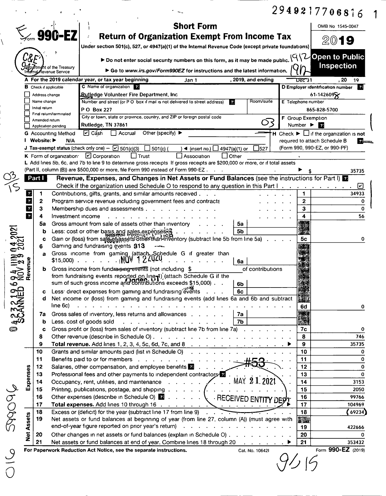 Image of first page of 2019 Form 990EZ for Rutledge Volunteer Fire Department