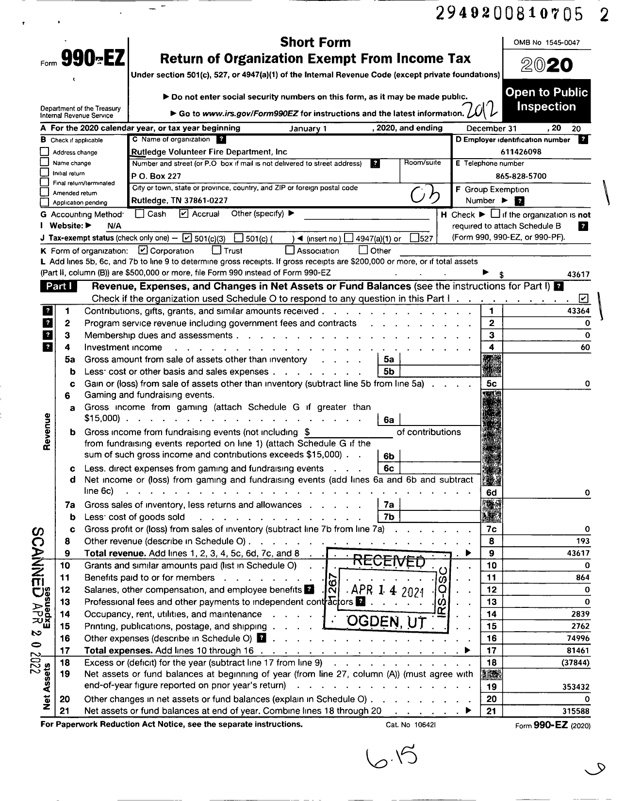 Image of first page of 2020 Form 990EZ for Rutledge Volunteer Fire Department