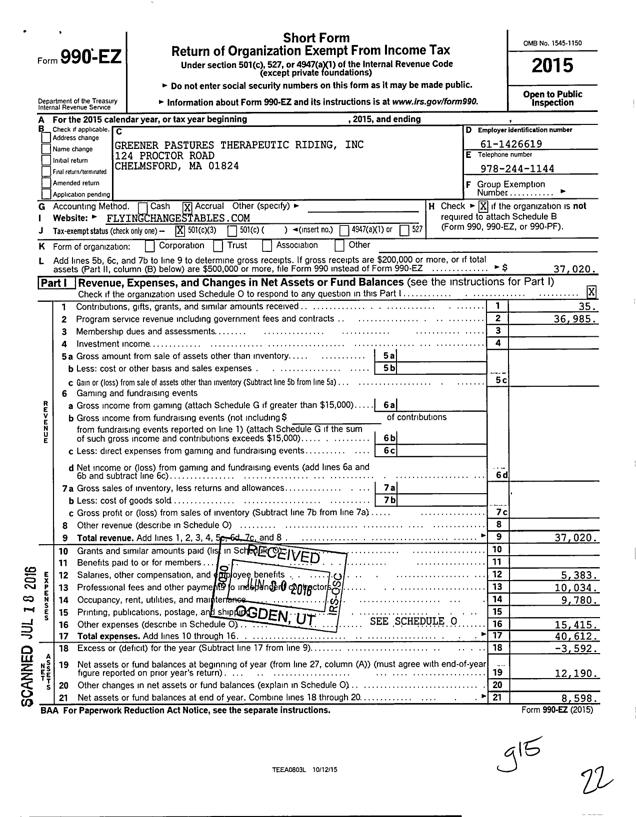 Image of first page of 2015 Form 990EZ for Greener Pastures Therapeutic Riding