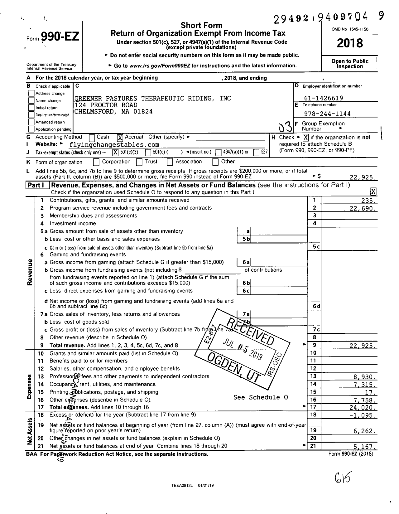 Image of first page of 2018 Form 990EZ for Greener Pastures Therapeutic Riding