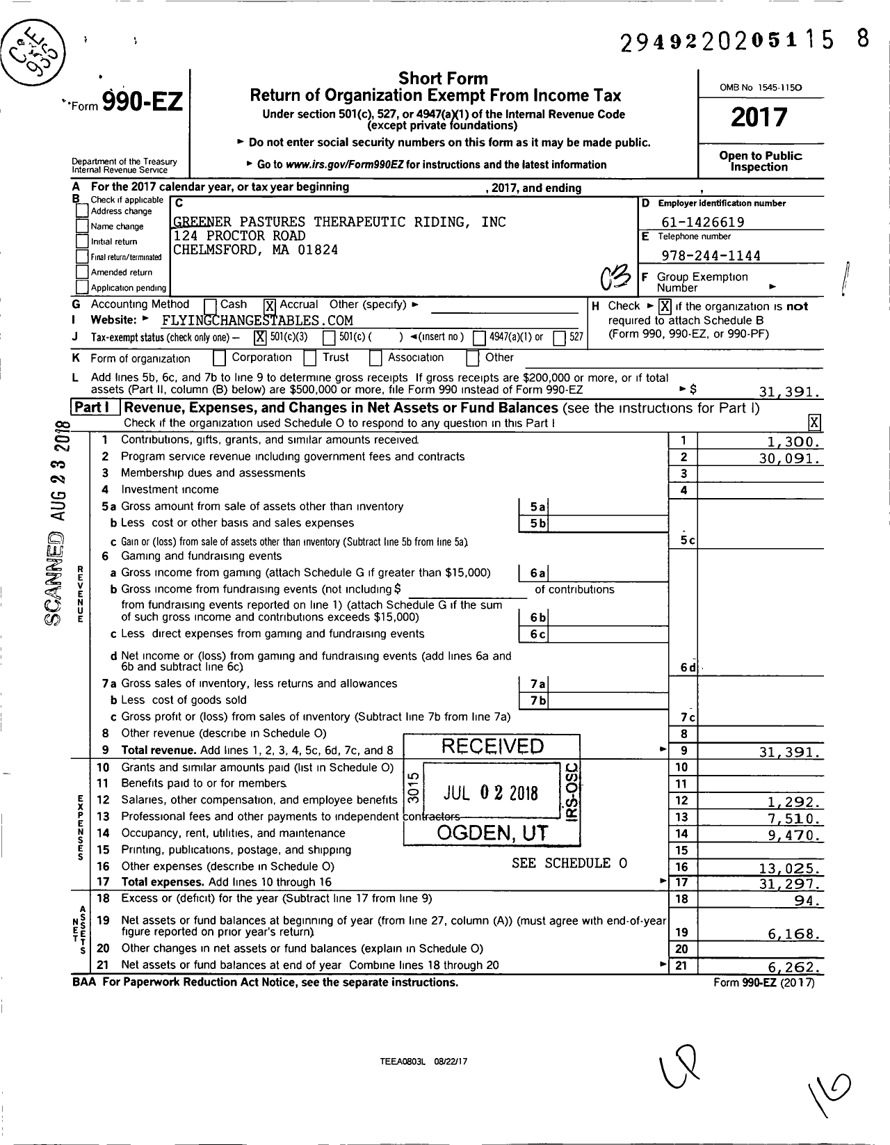 Image of first page of 2017 Form 990EZ for Greener Pastures Therapeutic Riding