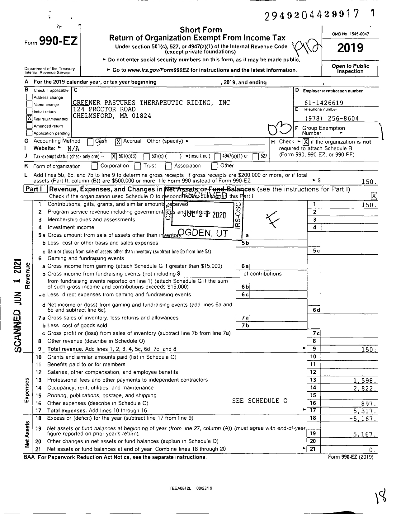 Image of first page of 2019 Form 990EZ for Greener Pastures Therapeutic Riding