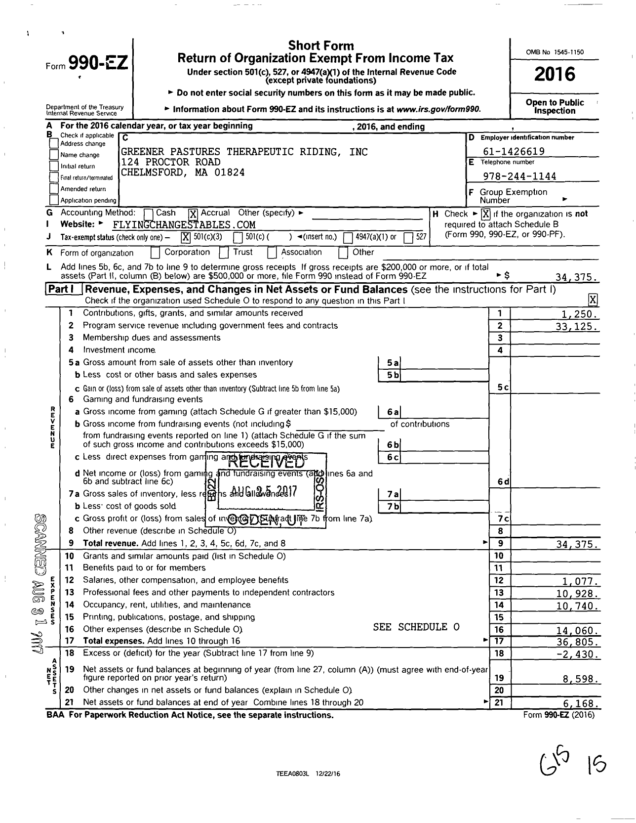 Image of first page of 2016 Form 990EZ for Greener Pastures Therapeutic Riding