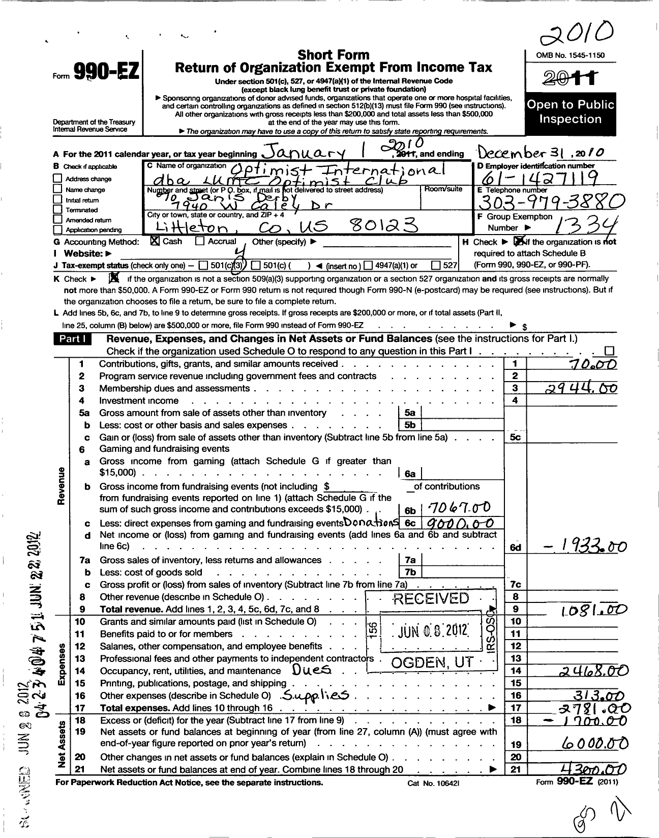 Image of first page of 2010 Form 990EO for Optimist International - Lumc Optimist Club