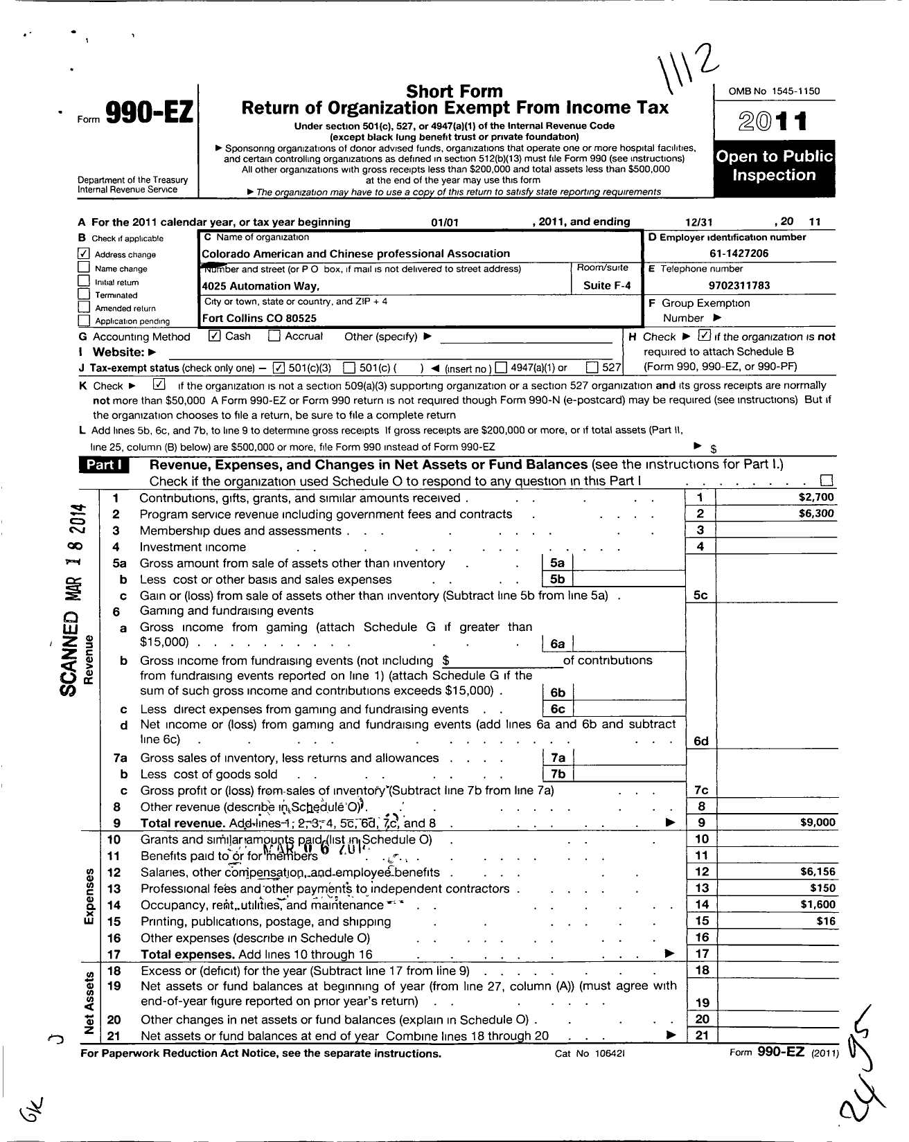 Image of first page of 2011 Form 990EZ for Colorado American and Chinese Professional Association