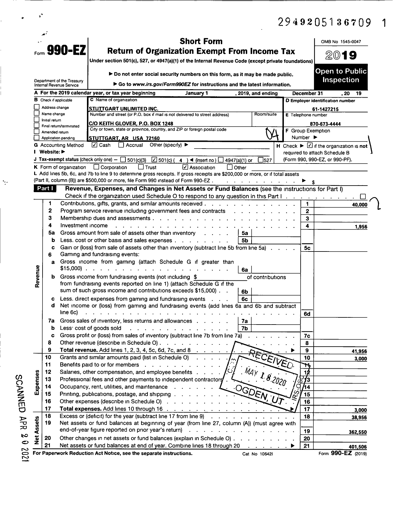 Image of first page of 2019 Form 990EO for Stuttgart Unlimited