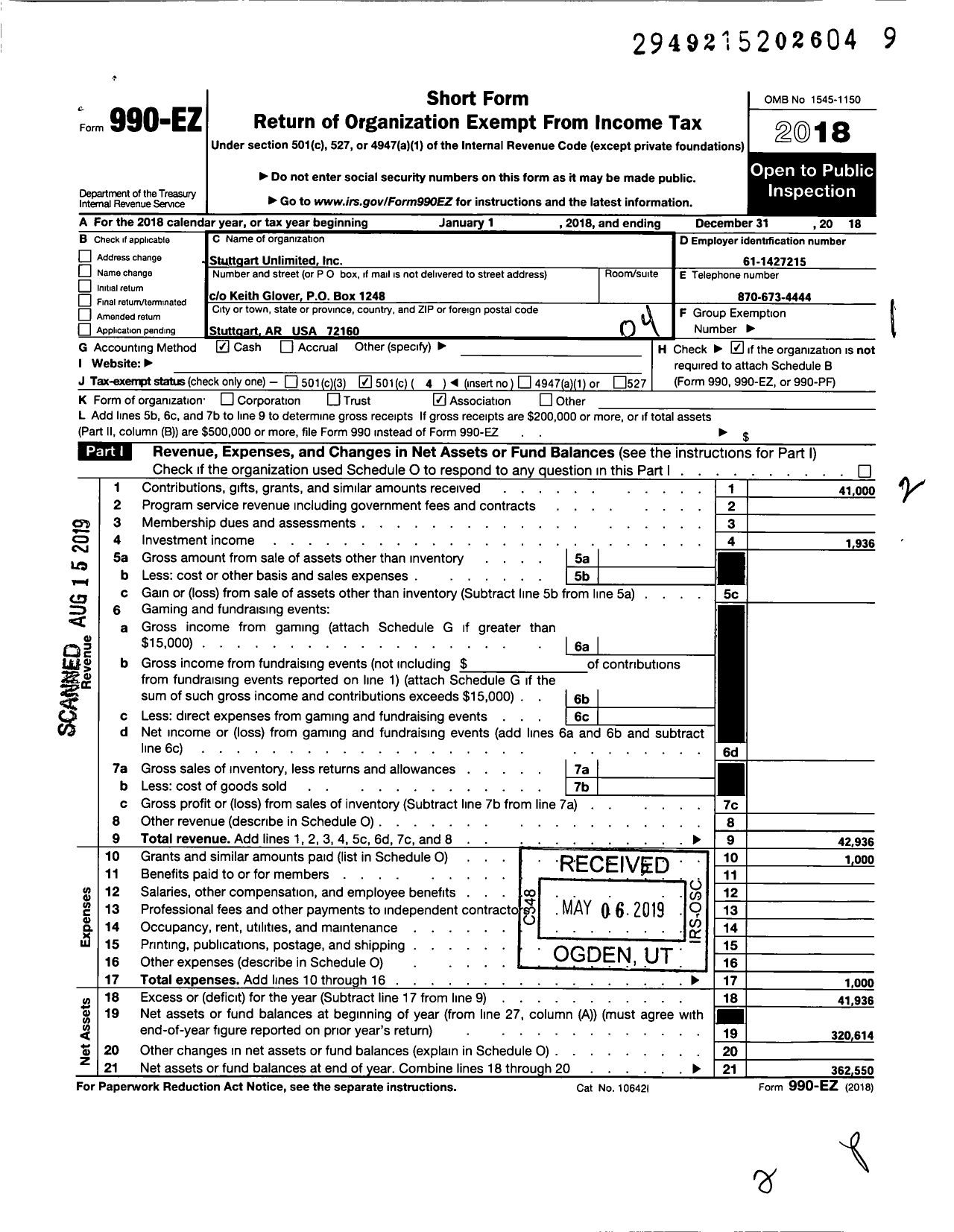 Image of first page of 2018 Form 990EO for Stuttgart Unlimited