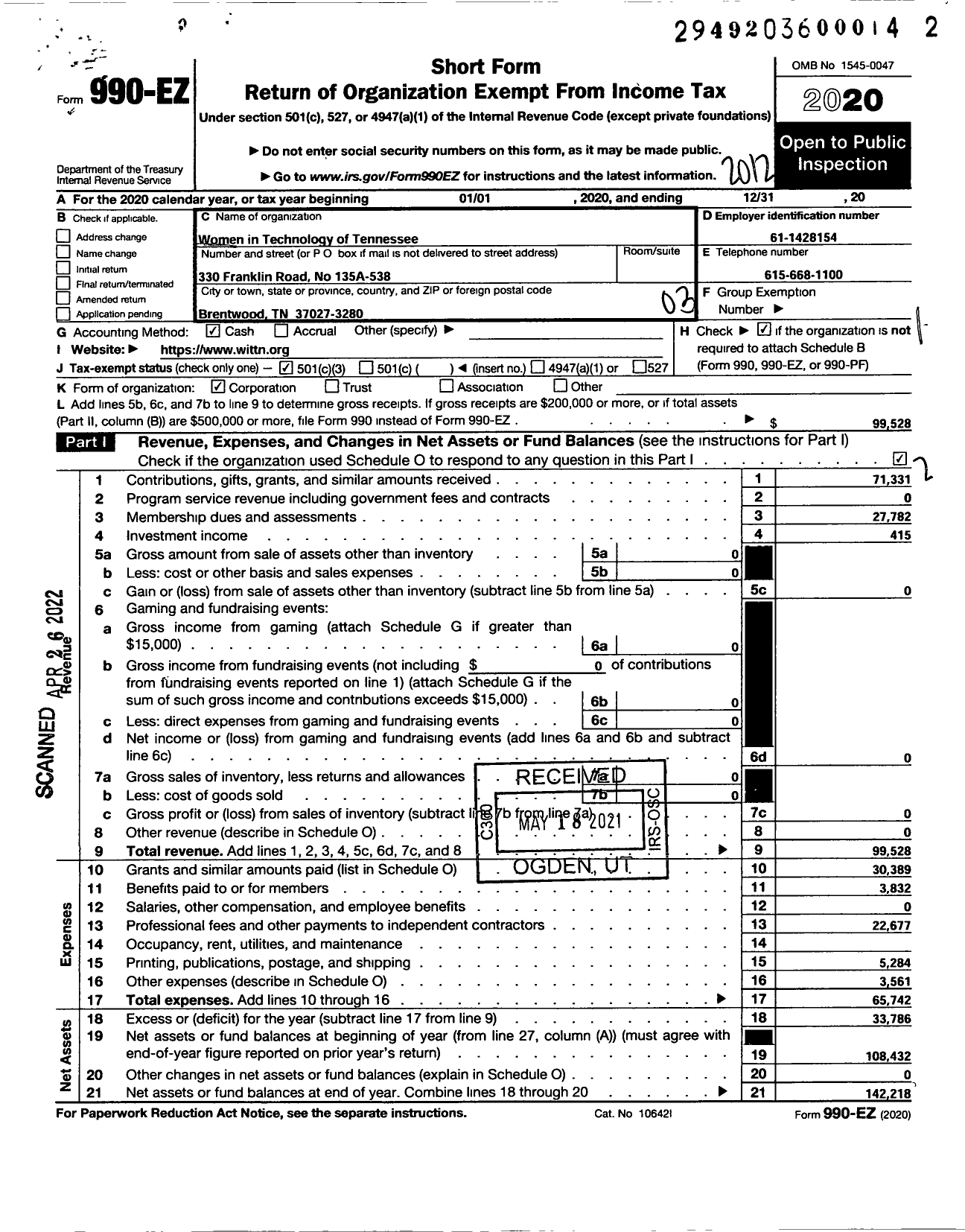 Image of first page of 2020 Form 990EZ for Women in Technology in Tennessee (WITT)