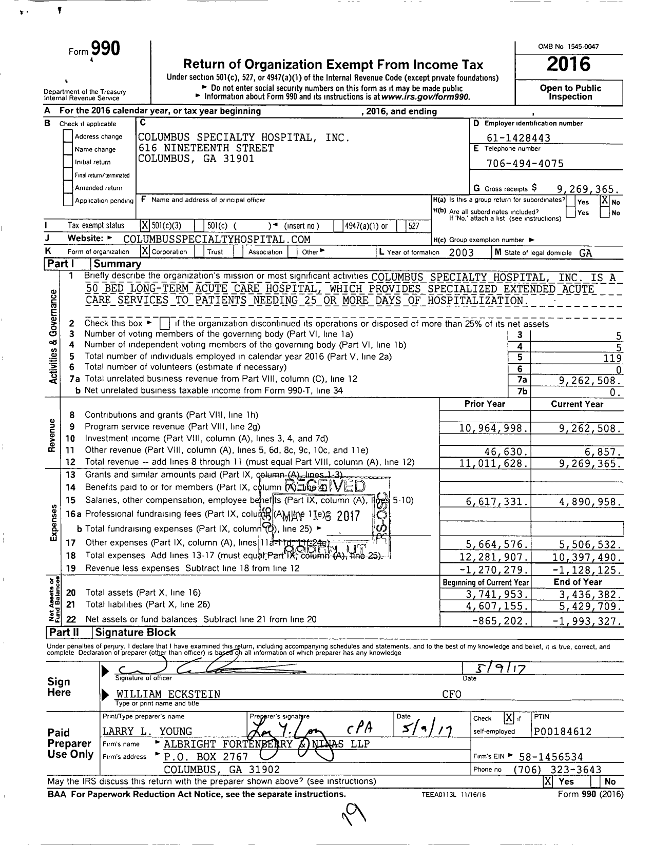 Image of first page of 2016 Form 990 for Columbus Specialty Hospital