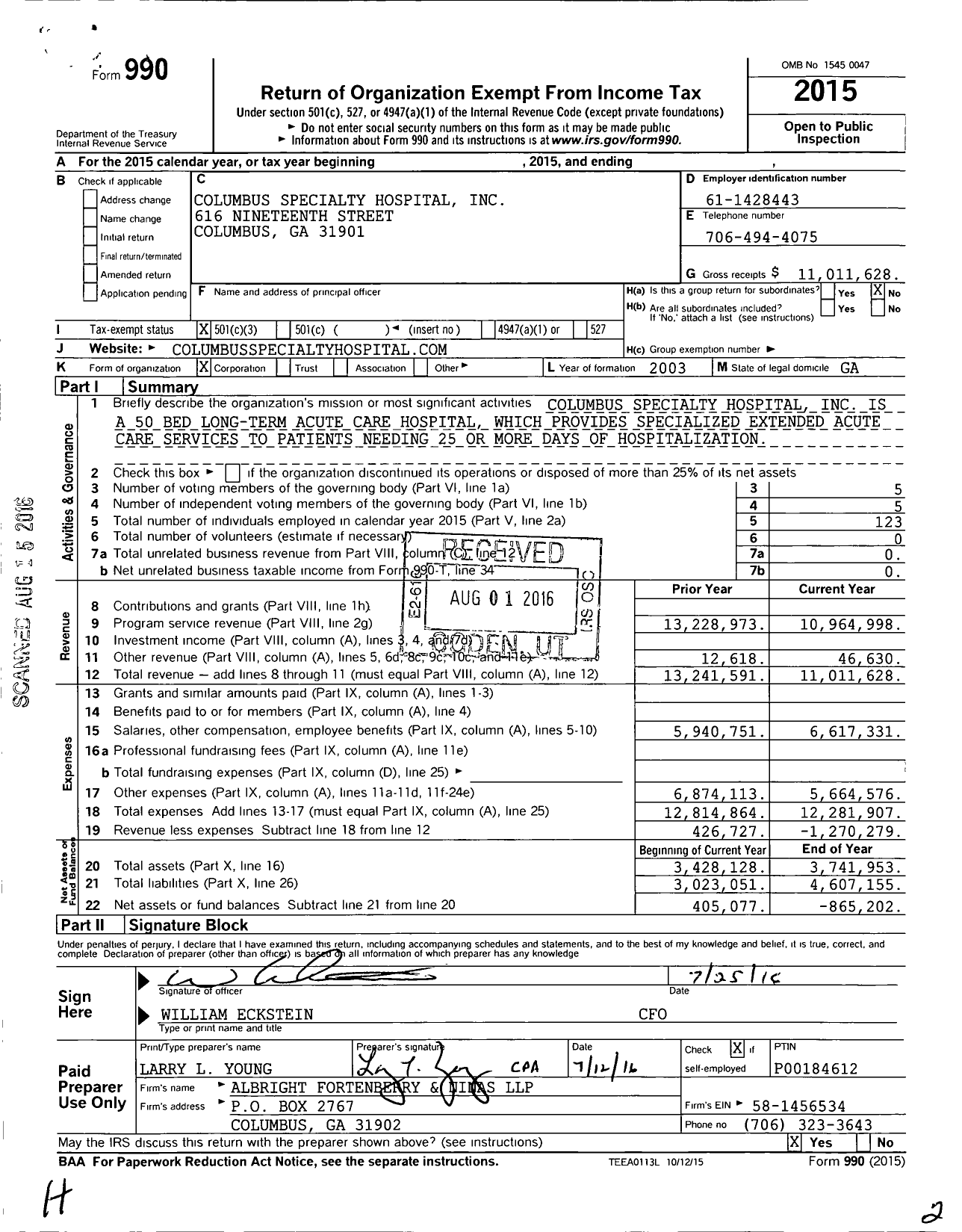 Image of first page of 2015 Form 990 for Columbus Specialty Hospital