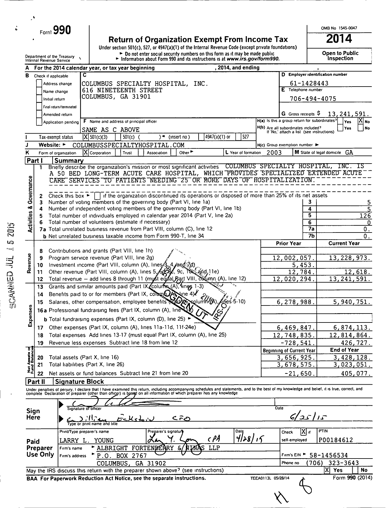 Image of first page of 2014 Form 990 for Columbus Specialty Hospital