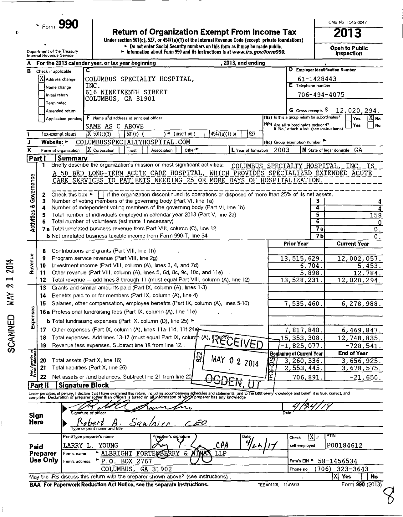 Image of first page of 2013 Form 990 for Columbus Specialty Hospital