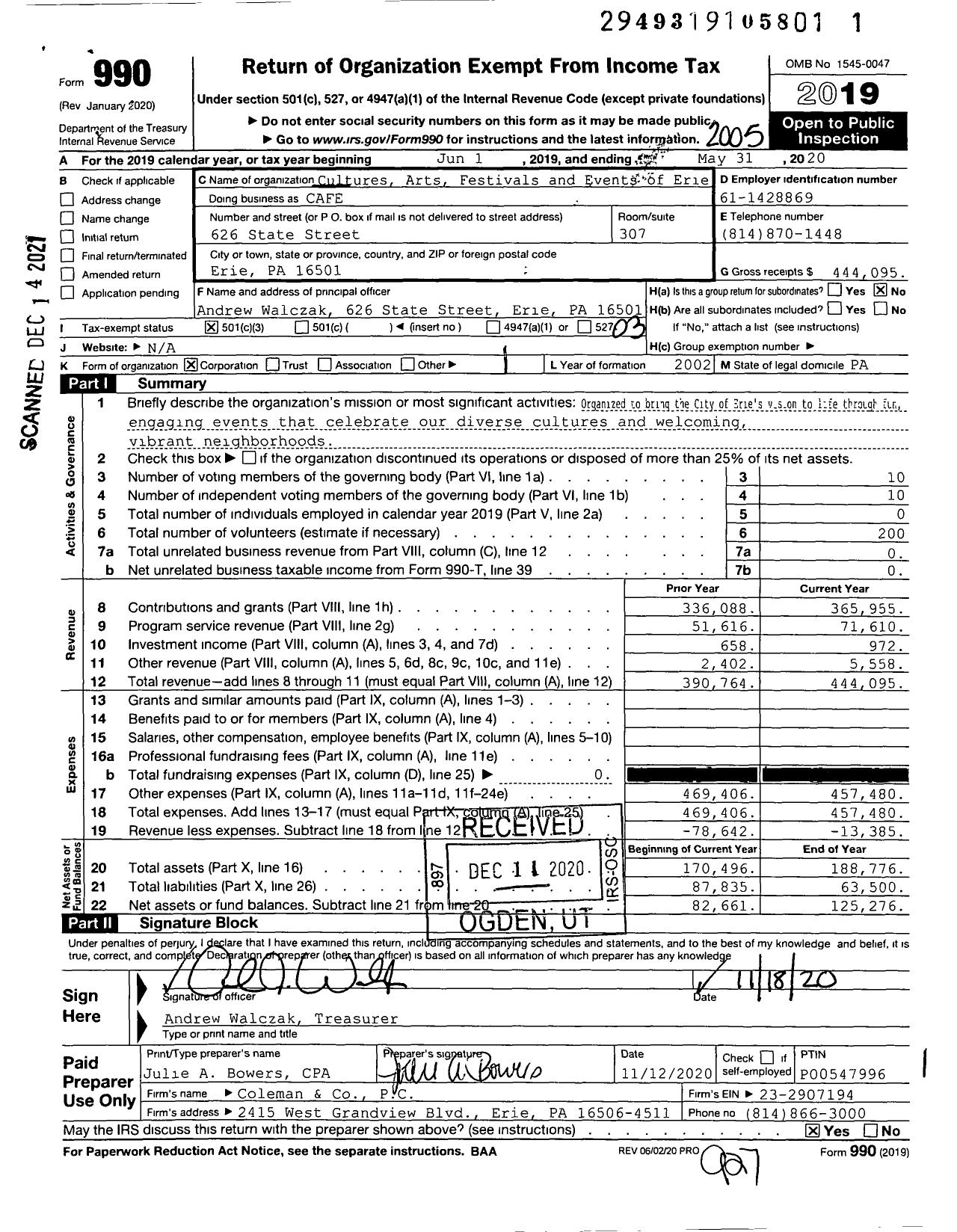 Image of first page of 2019 Form 990 for Cultures Arts Festivals and Events of Erie (CAFE)