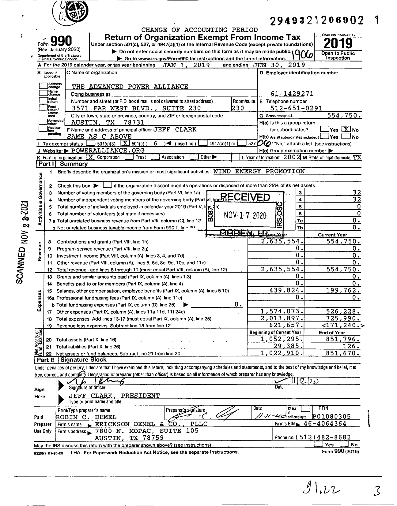 Image of first page of 2018 Form 990O for The Advanced Power Alliance