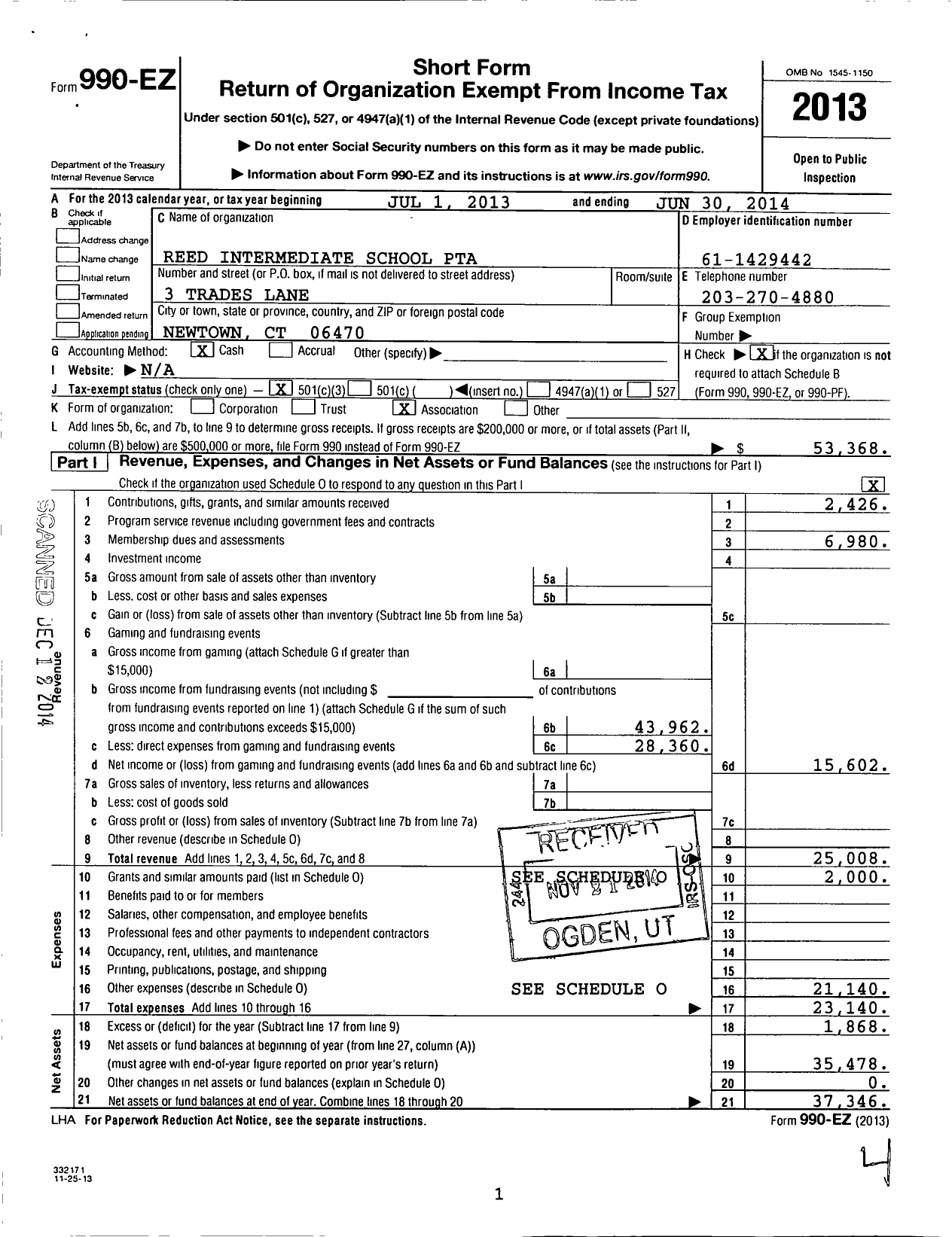 Image of first page of 2013 Form 990EZ for CT PTA - Reed Intermediate School PTA