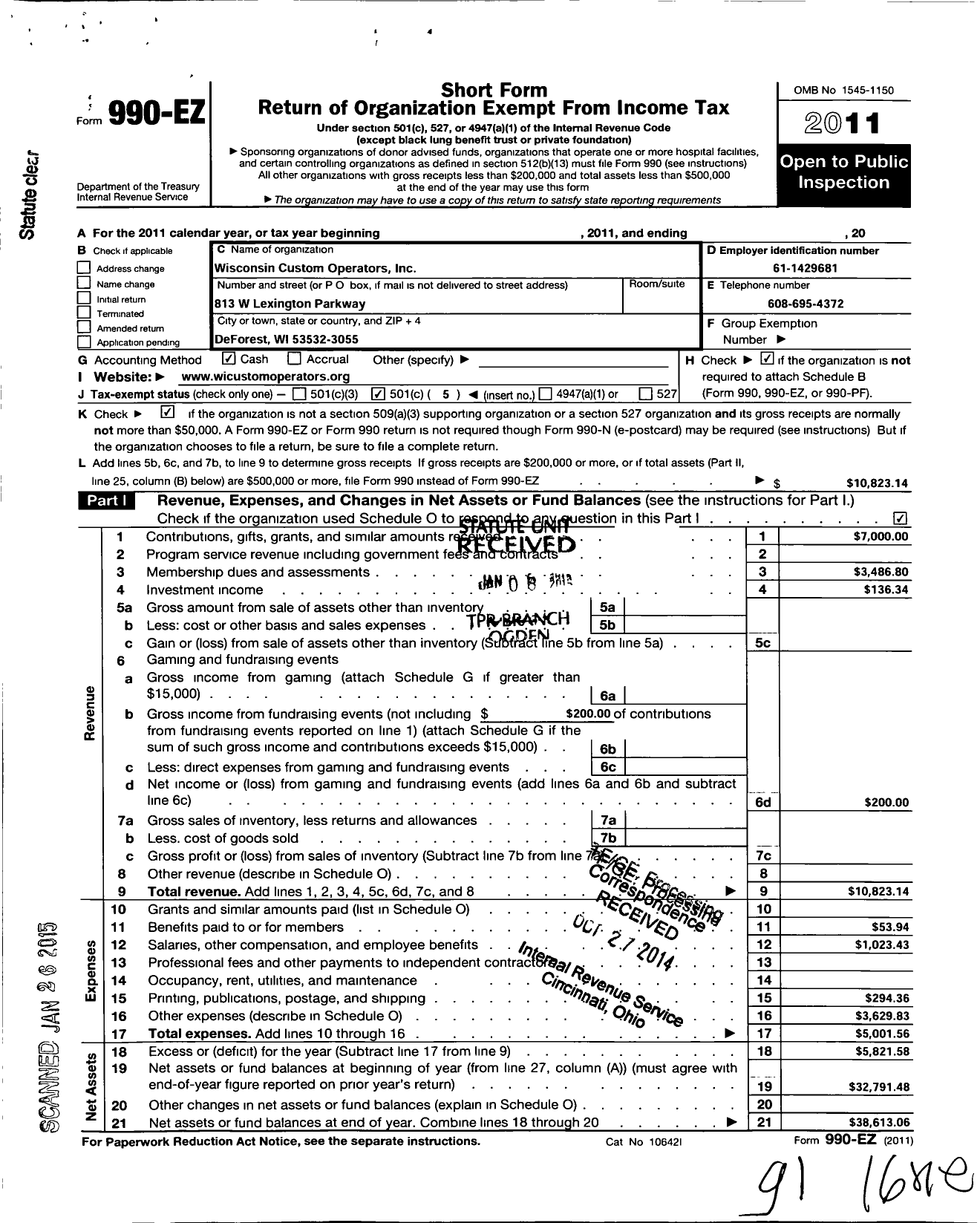 Image of first page of 2011 Form 990EO for Wisconsin Custom Operators