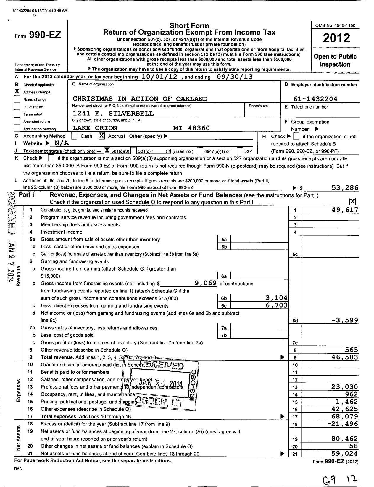 Image of first page of 2012 Form 990EZ for Christmas in Action of Oakland County